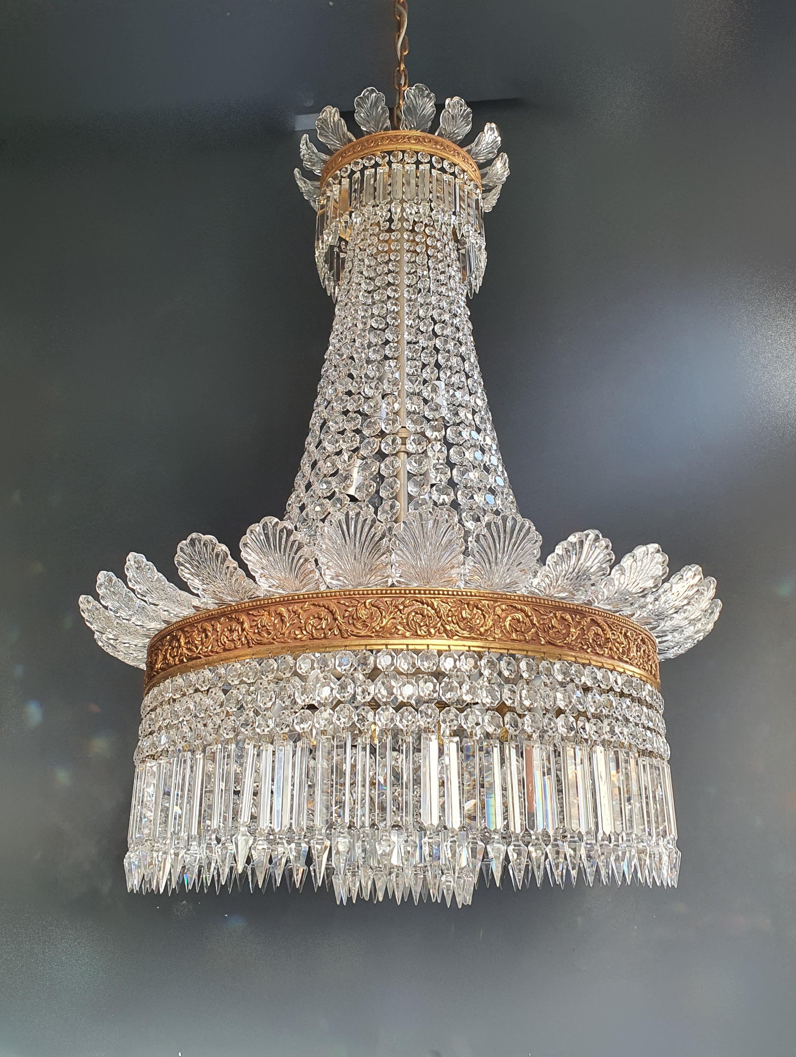 Pair Basket Chandelier Crystal Empire Brass Sac a Pearl Lustre Ceiling Antique 5