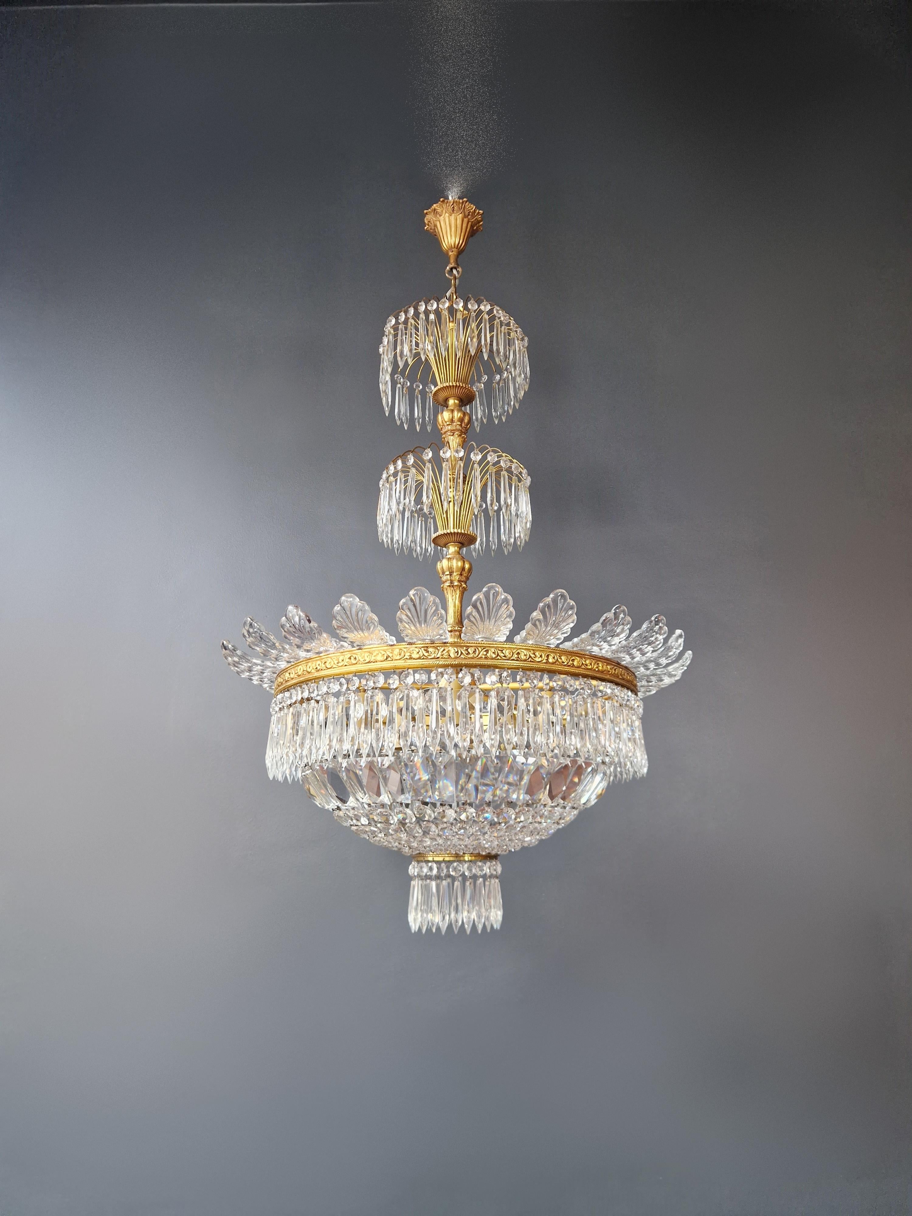 Pair Basket Chandelier Crystal Empire Brass Sac a Pearl Lustre Ceiling Antique For Sale 4
