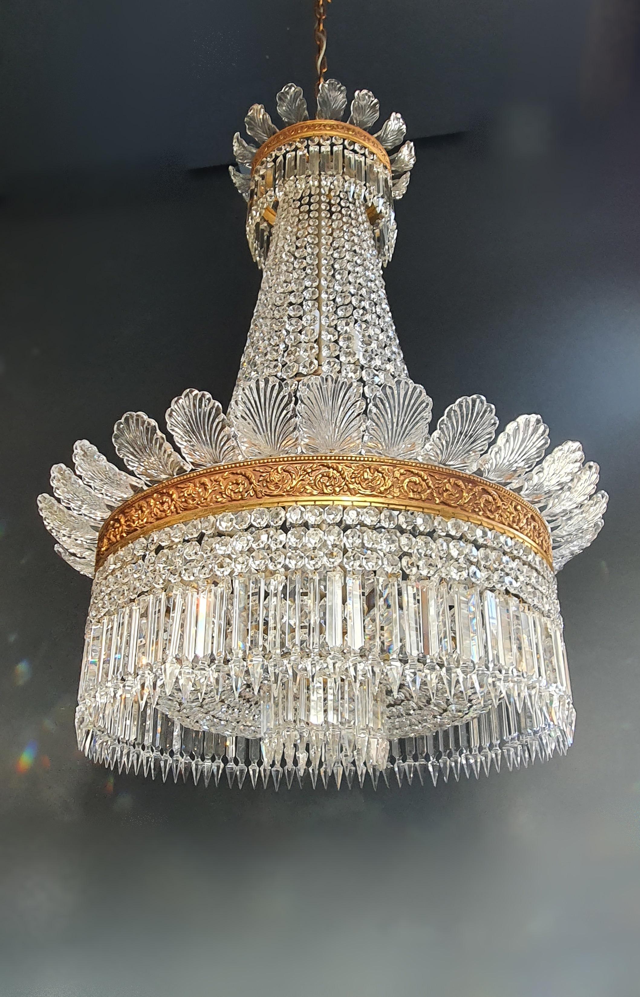 Pair Basket Chandelier Crystal Empire Brass Sac a Pearl Lustre Ceiling Antique 6