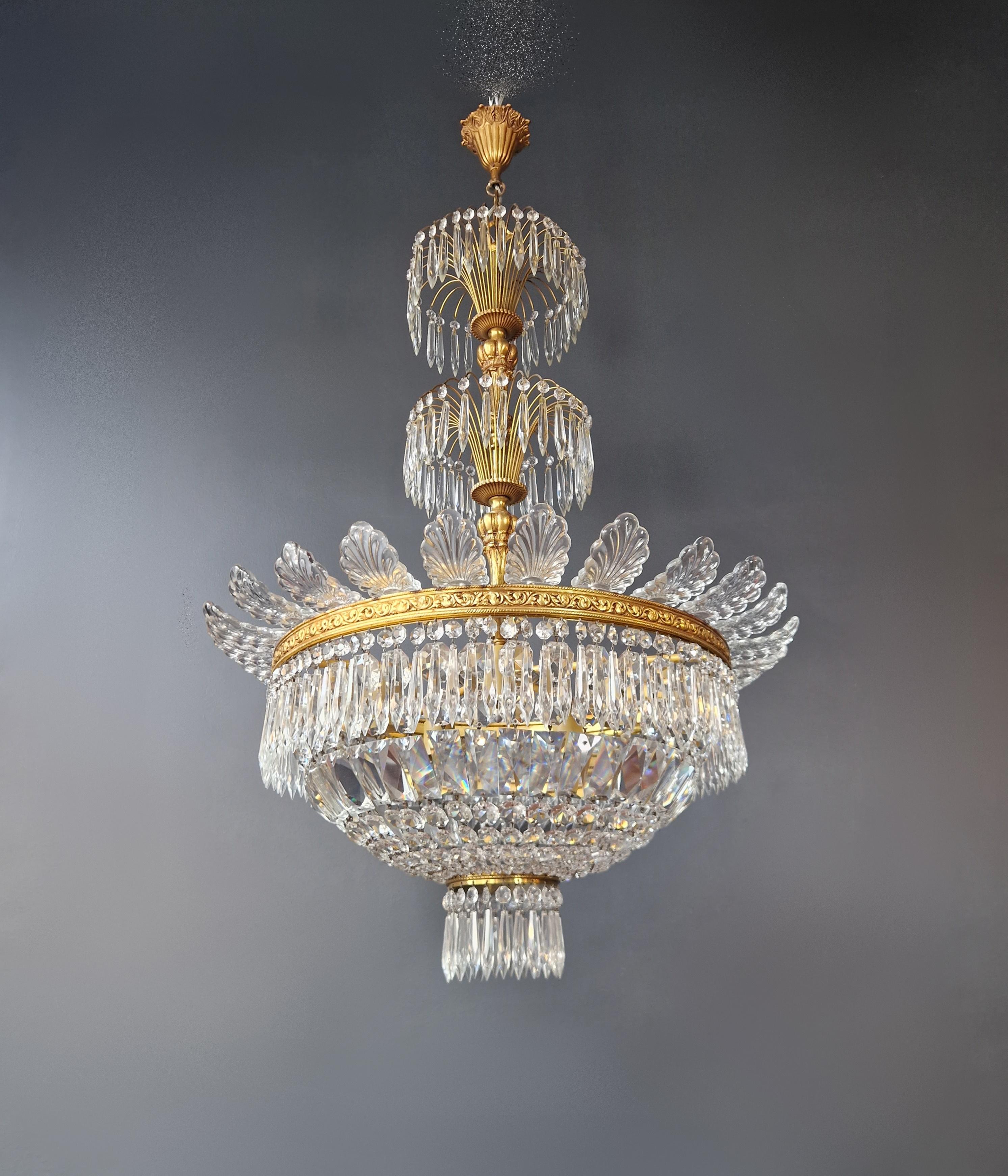 Pair Basket Chandelier Crystal Empire Brass Sac a Pearl Lustre Ceiling Antique For Sale 5