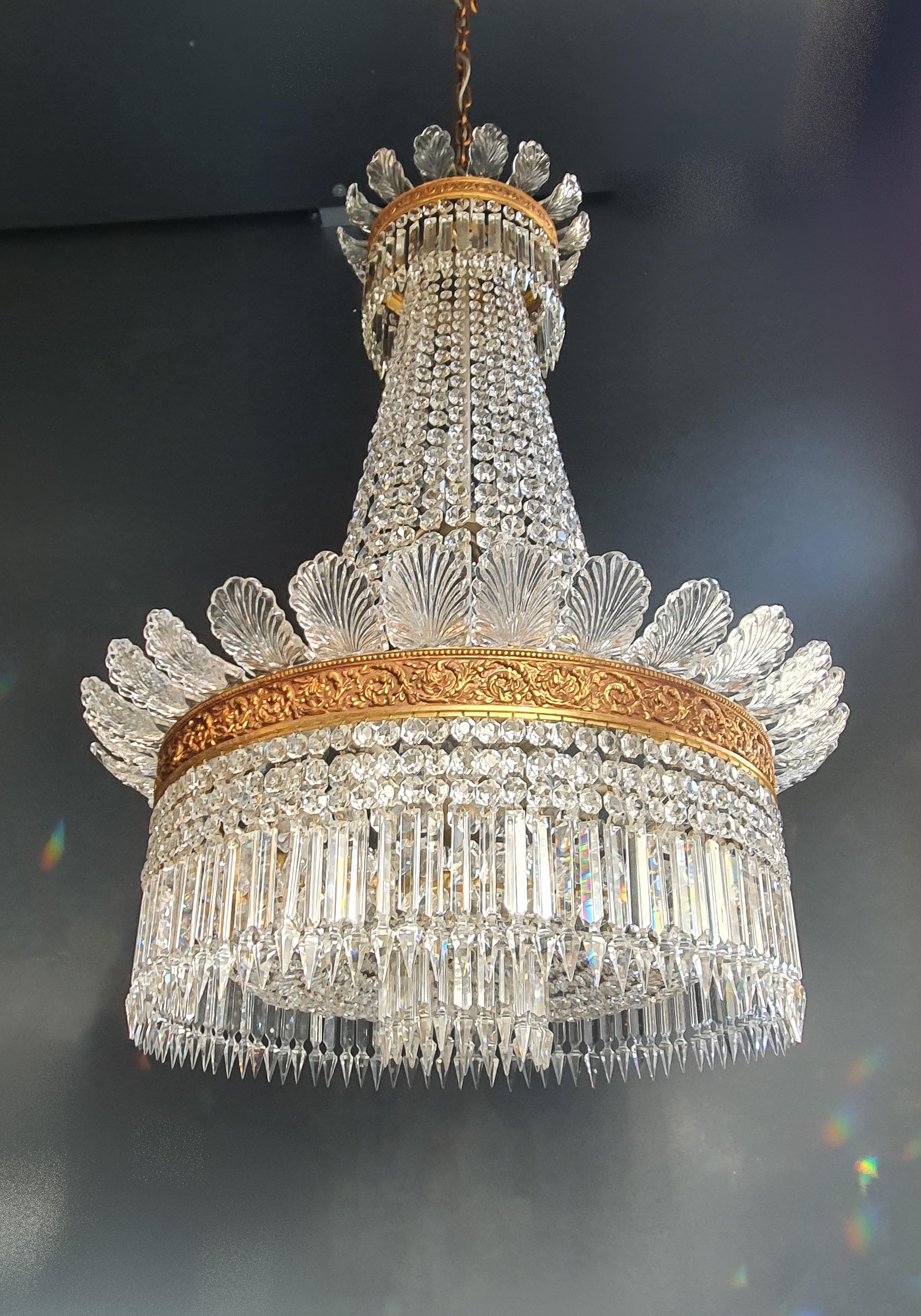 Pair Basket Chandelier Crystal Empire Brass Sac a Pearl Lustre Ceiling Antique 7