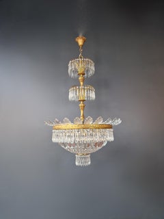 Pair Basket Chandelier Crystal Empire Brass Sac a Pearl Lustre Ceiling Antique