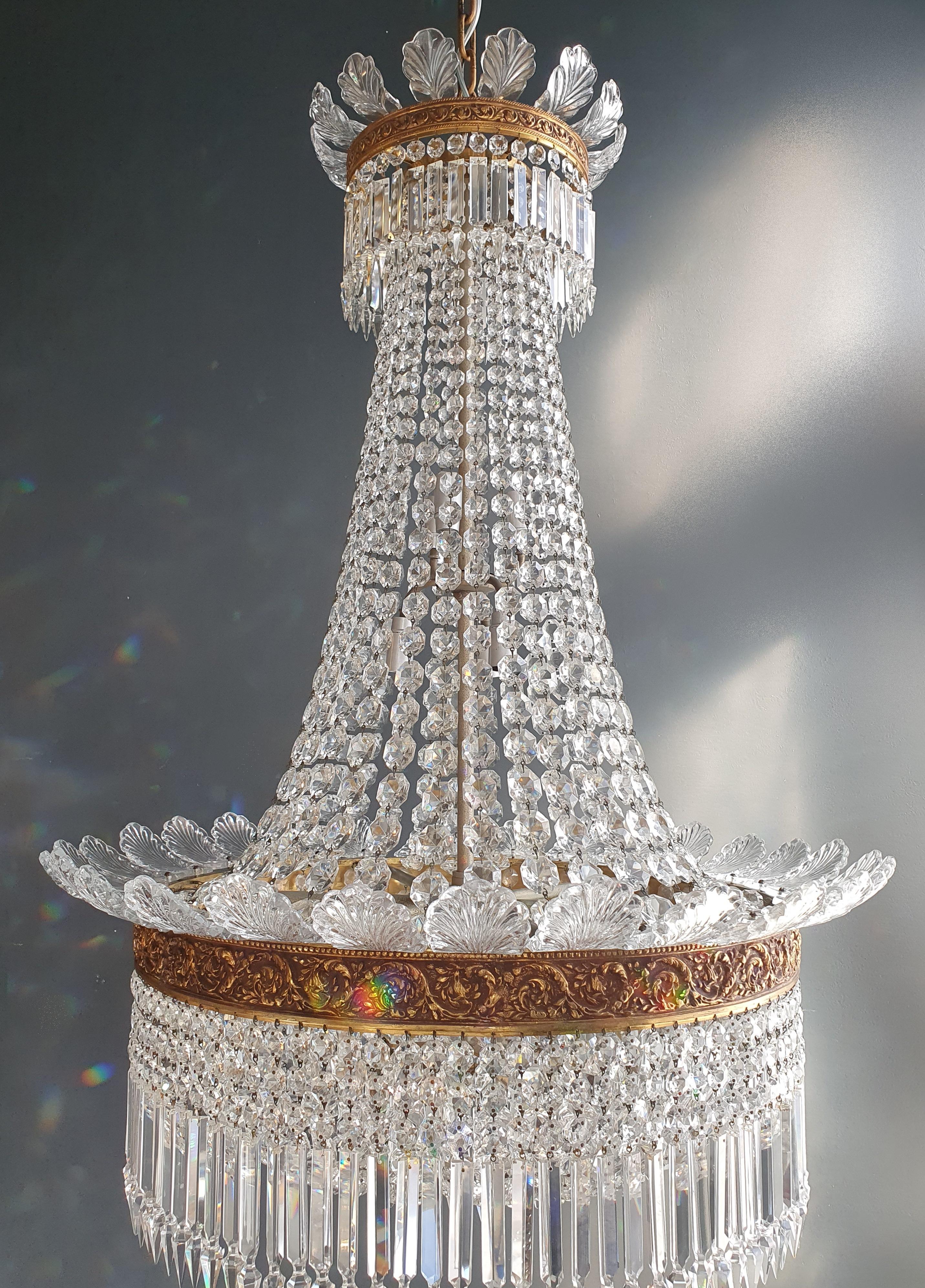Hand-Knotted Pair Basket Chandelier Crystal Empire Brass Sac a Pearl Lustre Ceiling Antique