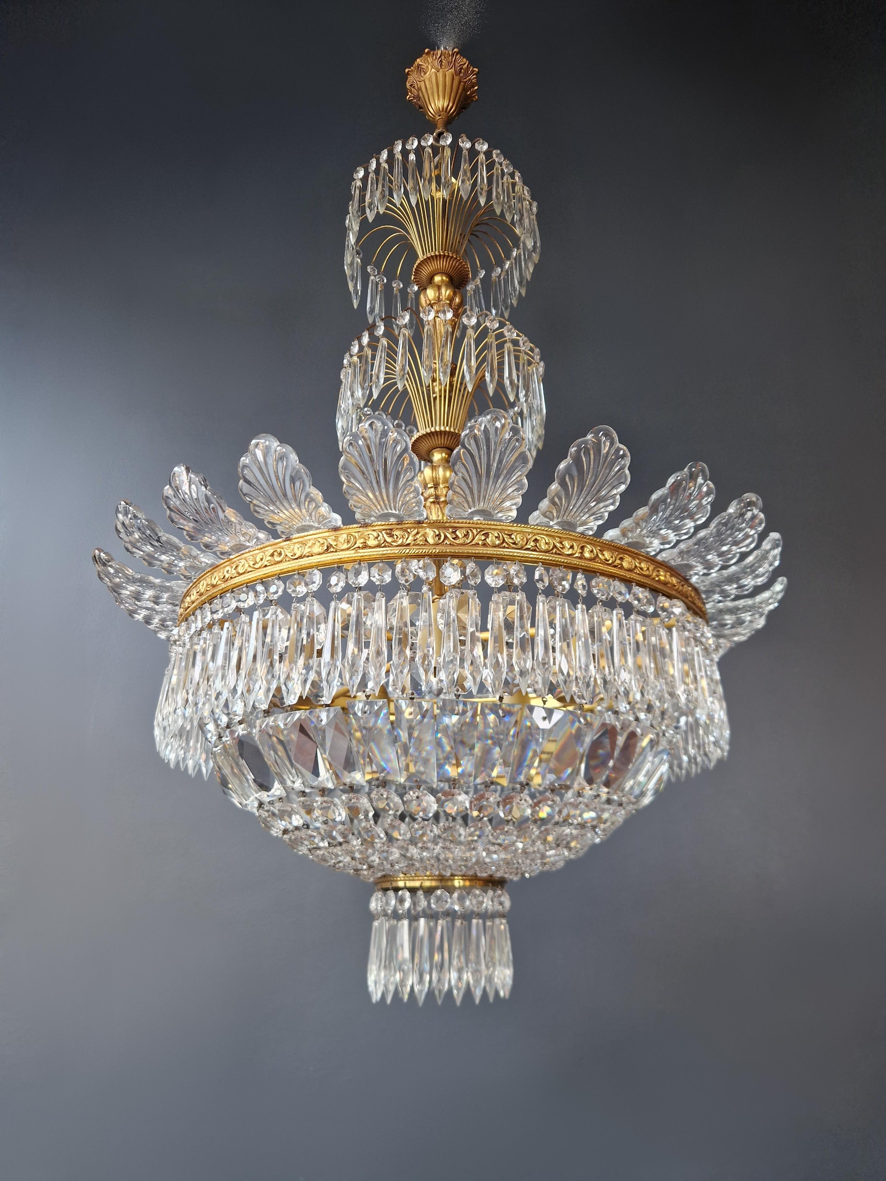 European Pair Basket Chandelier Crystal Empire Brass Sac a Pearl Lustre Ceiling Antique For Sale