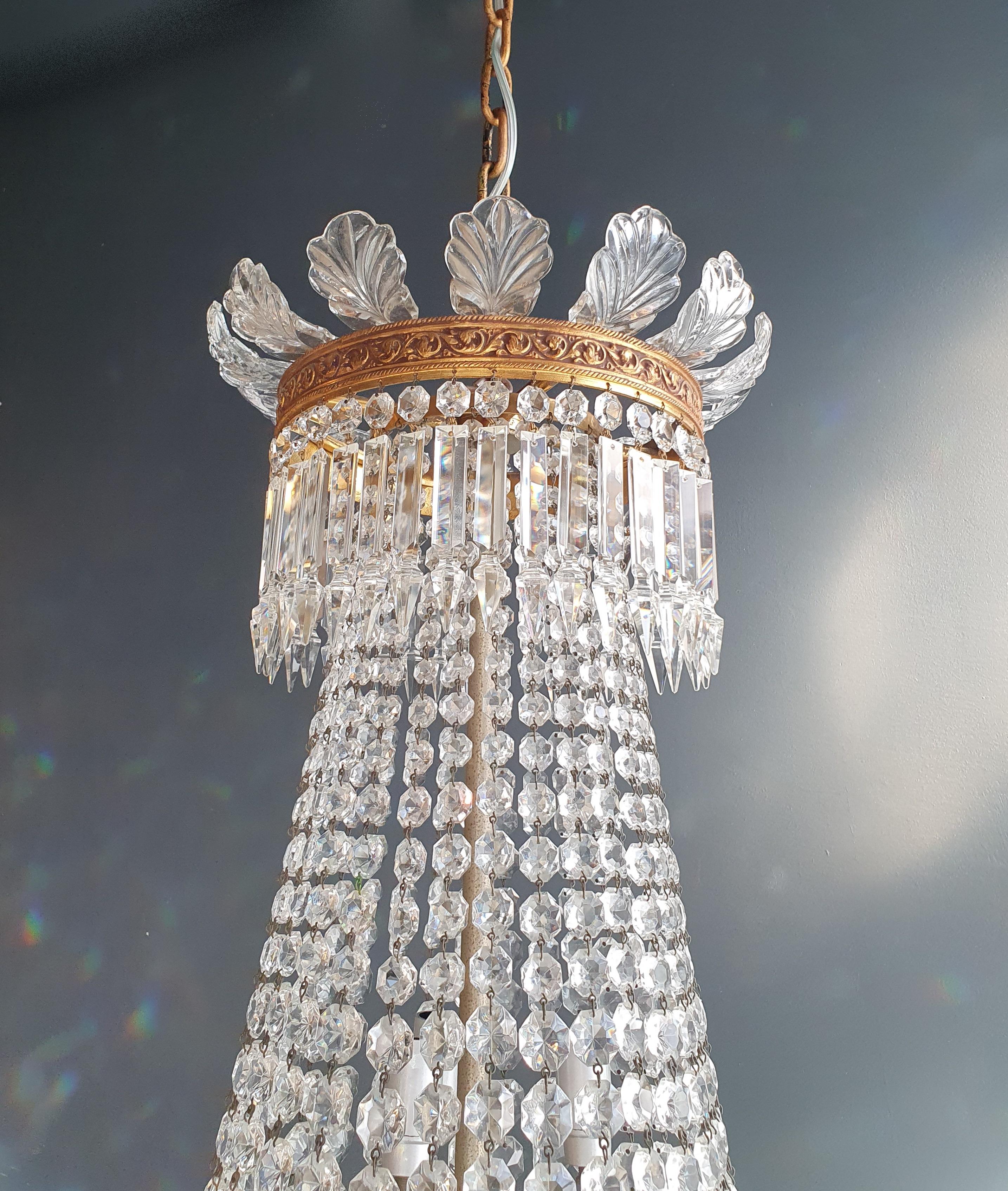 Pair Basket Chandelier Crystal Empire Brass Sac a Pearl Lustre Ceiling Antique In Good Condition In Berlin, DE