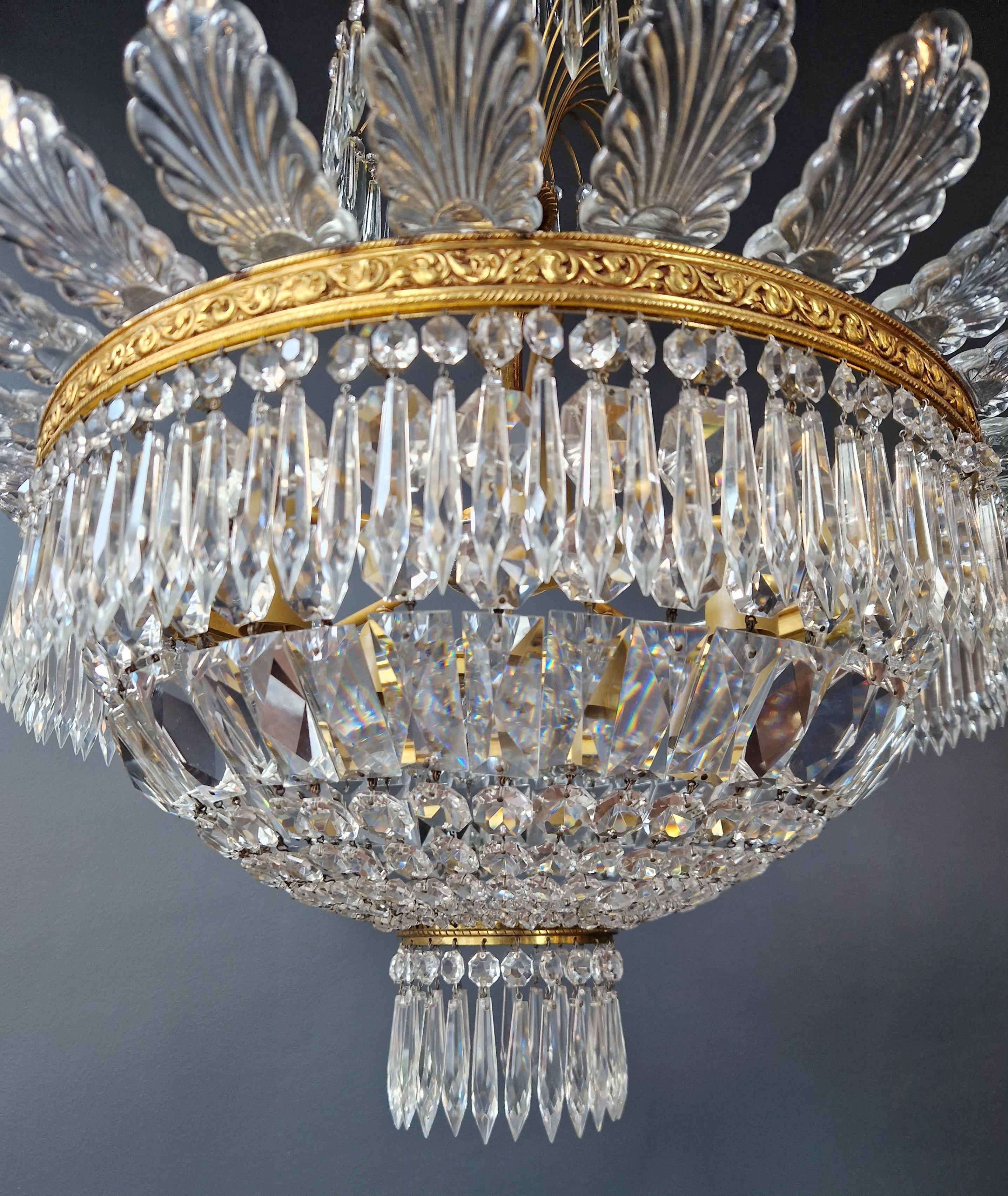 Hand-Knotted Pair Basket Chandelier Crystal Empire Brass Sac a Pearl Lustre Ceiling Antique For Sale