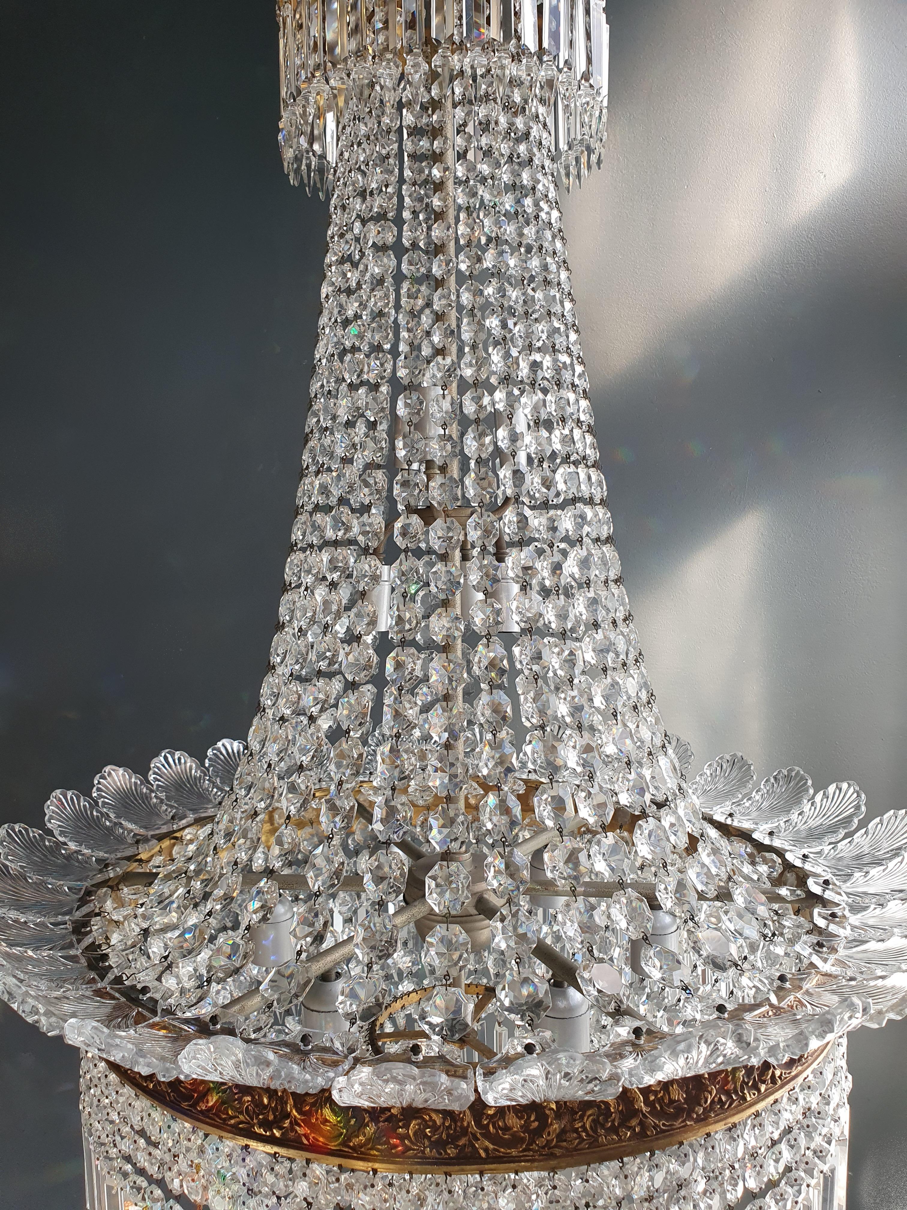 Mid-19th Century Pair Basket Chandelier Crystal Empire Brass Sac a Pearl Lustre Ceiling Antique