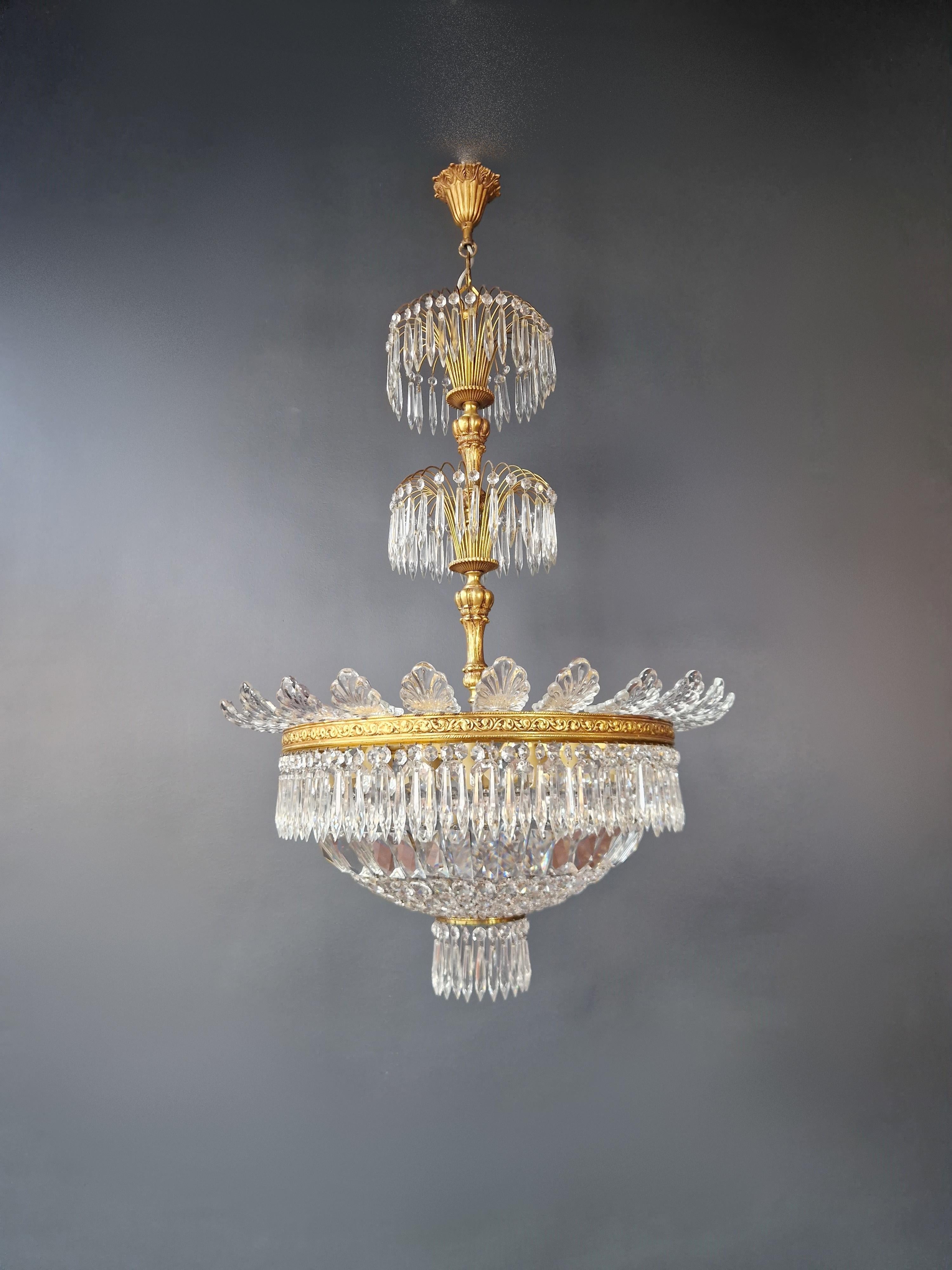 Pair Basket Chandelier Crystal Empire Brass Sac a Pearl Lustre Ceiling Antique In Good Condition For Sale In Berlin, DE