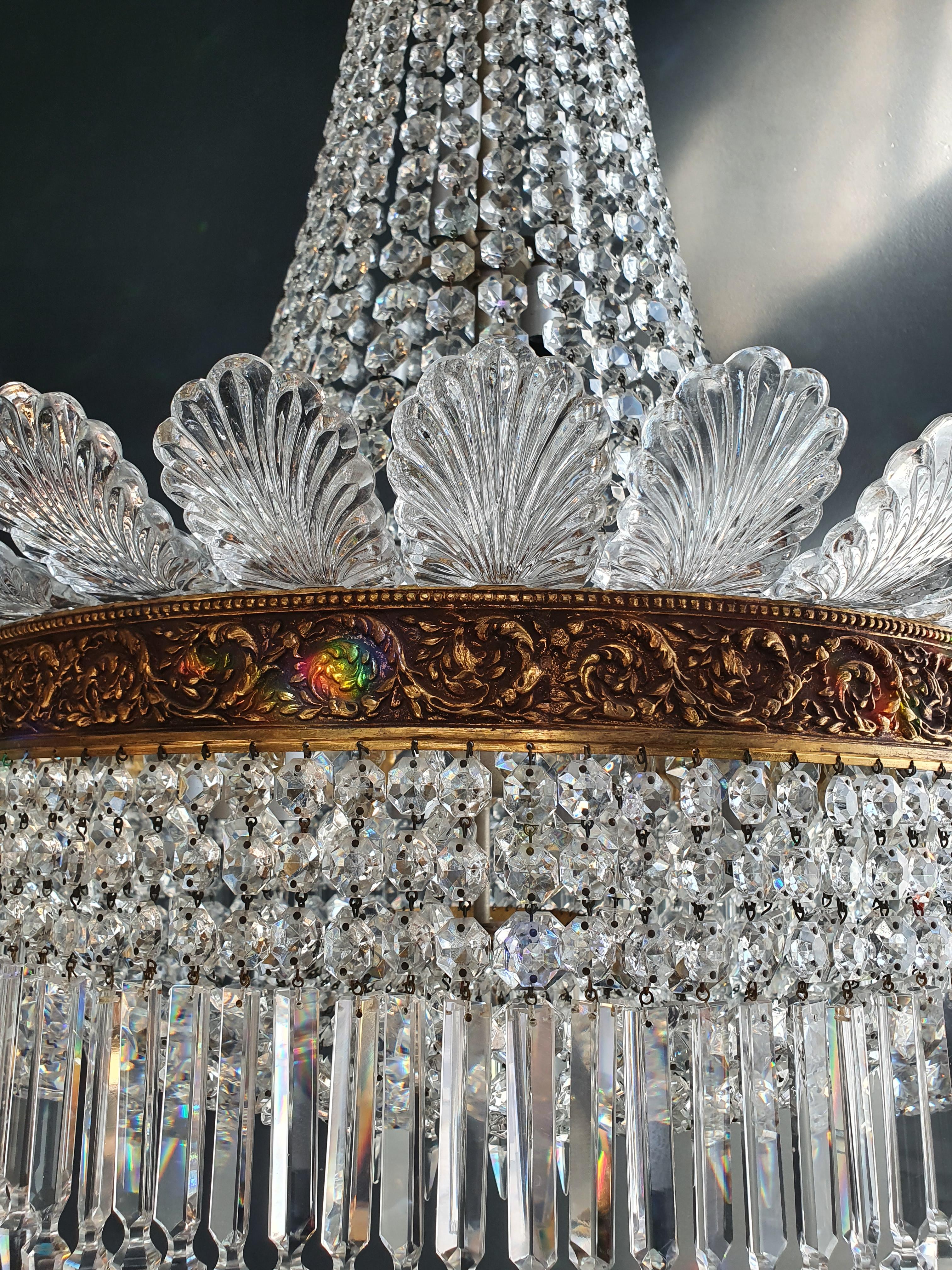 Pair Basket Chandelier Crystal Empire Brass Sac a Pearl Lustre Ceiling Antique 1