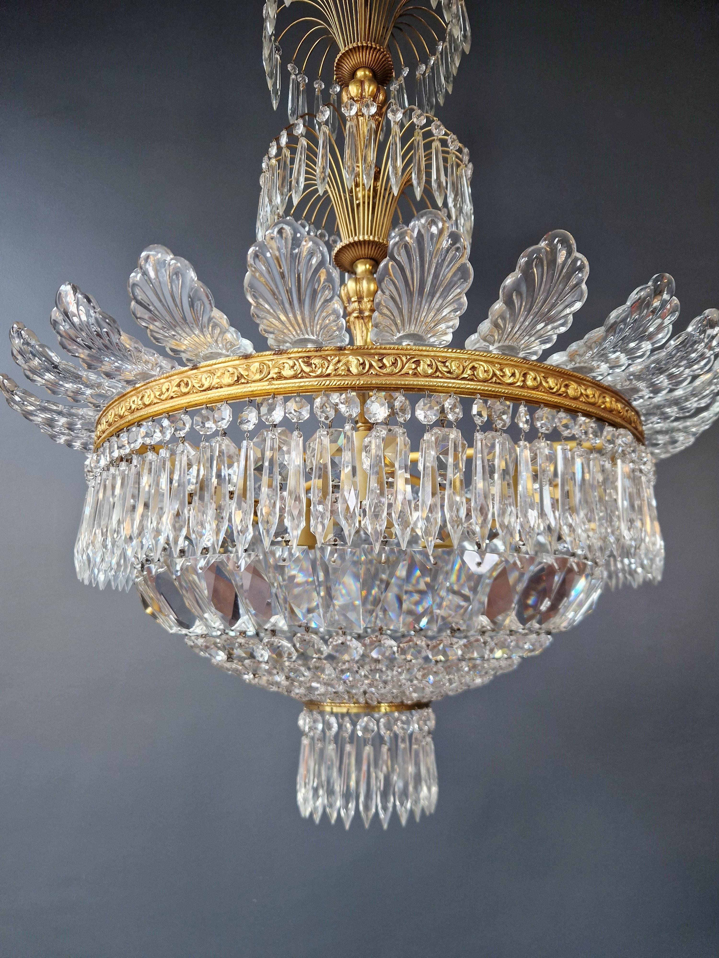 Mid-19th Century Pair Basket Chandelier Crystal Empire Brass Sac a Pearl Lustre Ceiling Antique For Sale