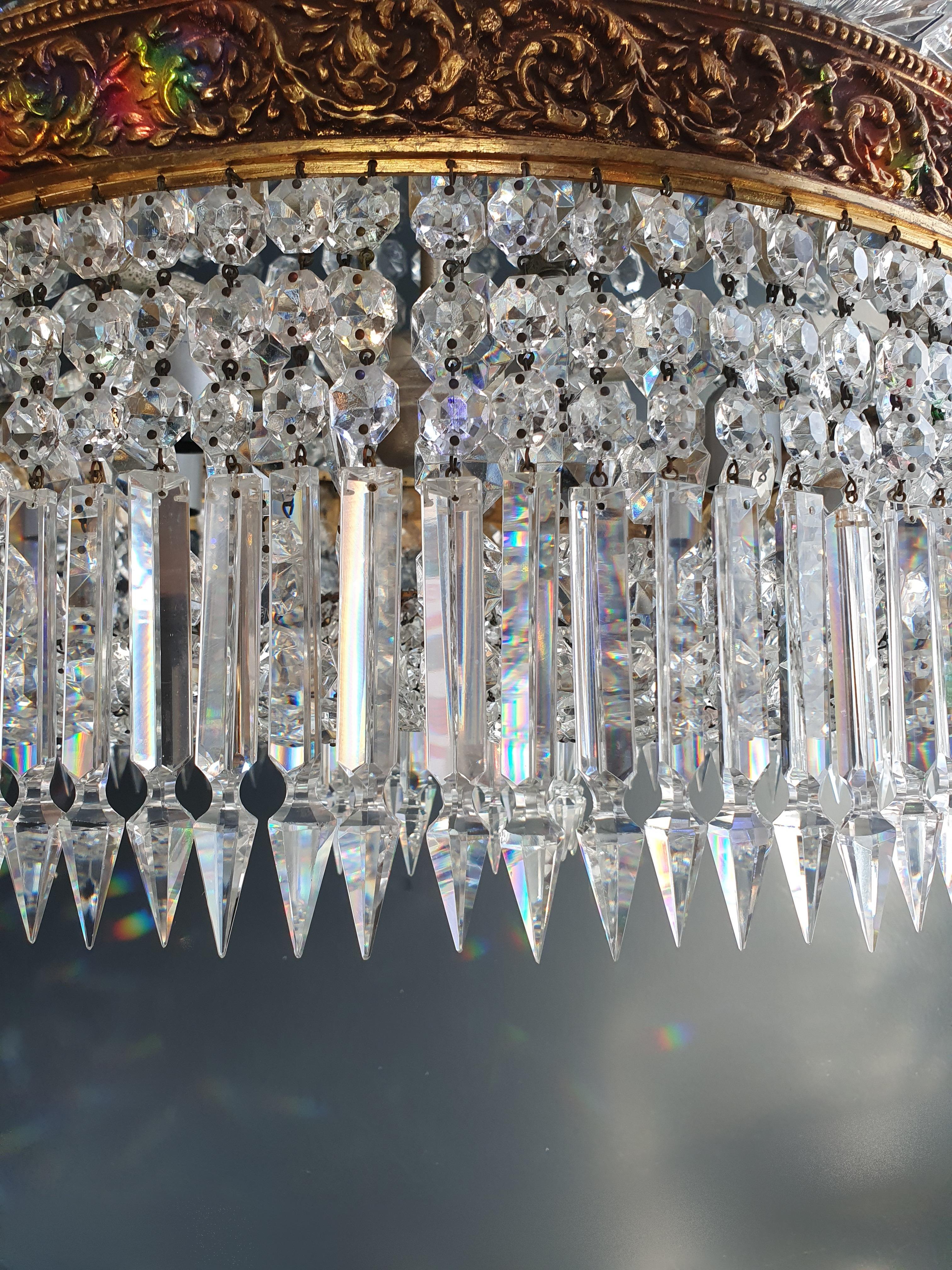 Pair Basket Chandelier Crystal Empire Brass Sac a Pearl Lustre Ceiling Antique 2
