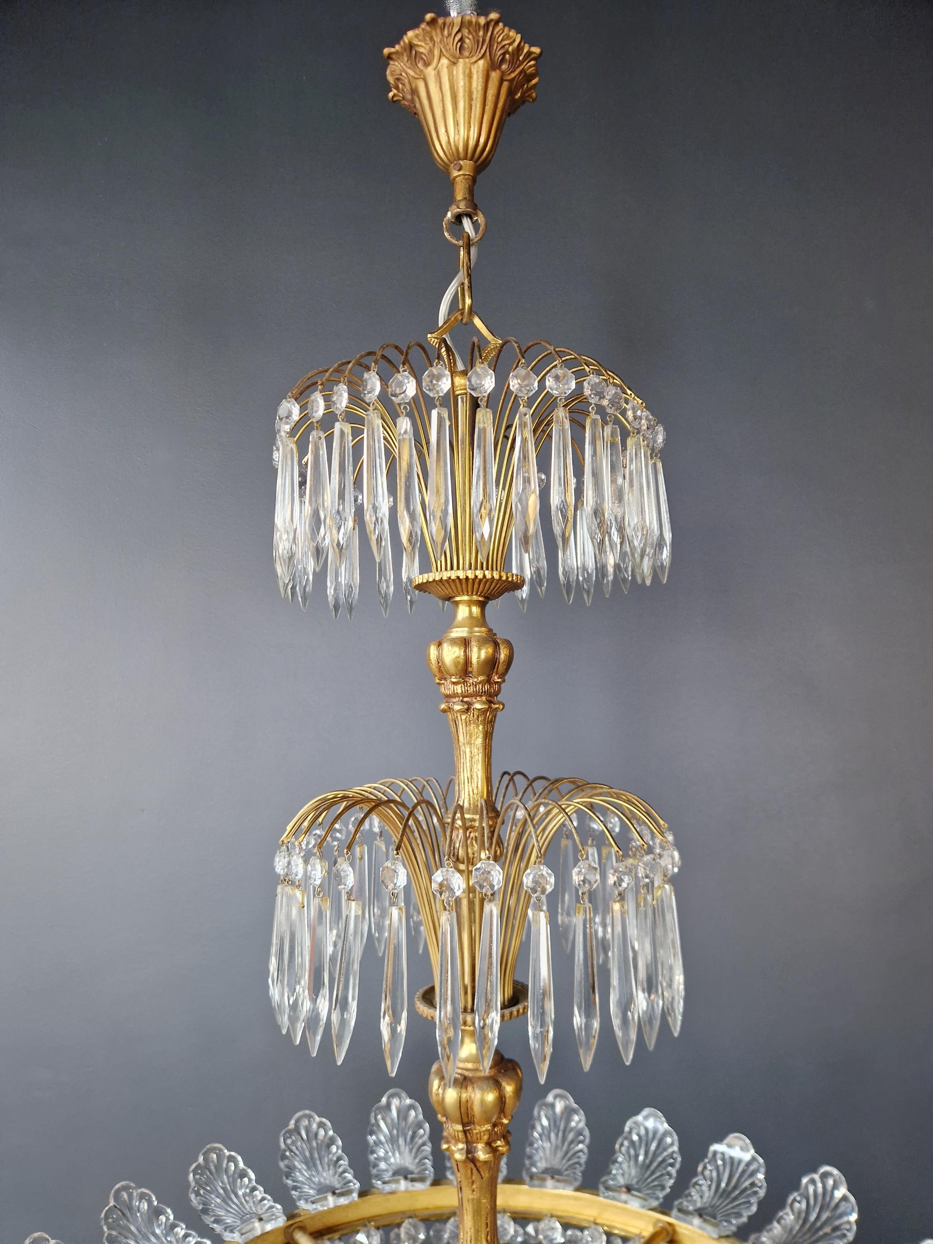 Pair Basket Chandelier Crystal Empire Brass Sac a Pearl Lustre Ceiling Antique For Sale 1