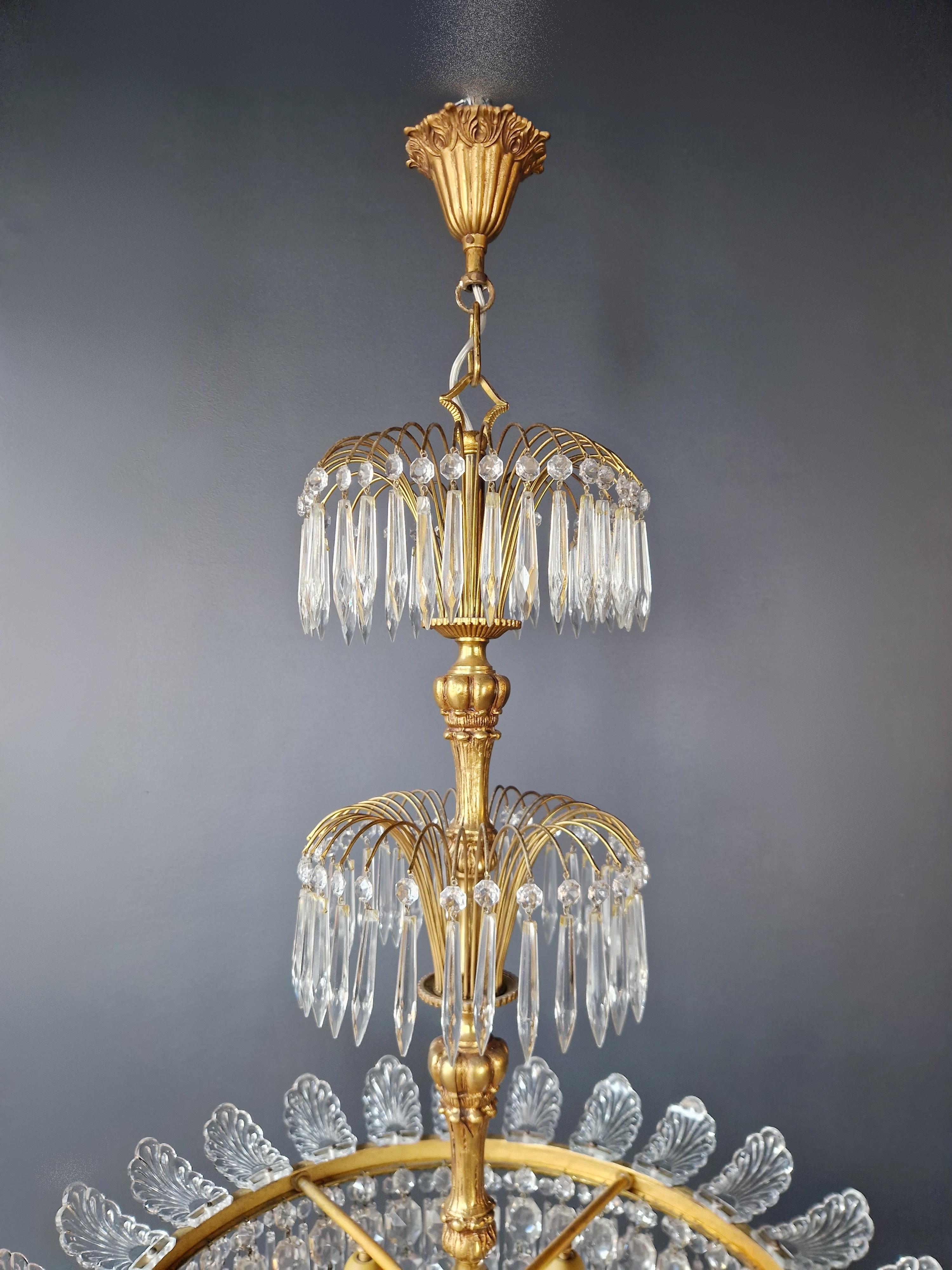 Pair Basket Chandelier Crystal Empire Brass Sac a Pearl Lustre Ceiling Antique For Sale 2