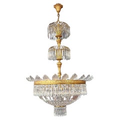 Pair Basket Chandelier Crystal Empire Brass Sac a Pearl Lustre Ceiling Antique