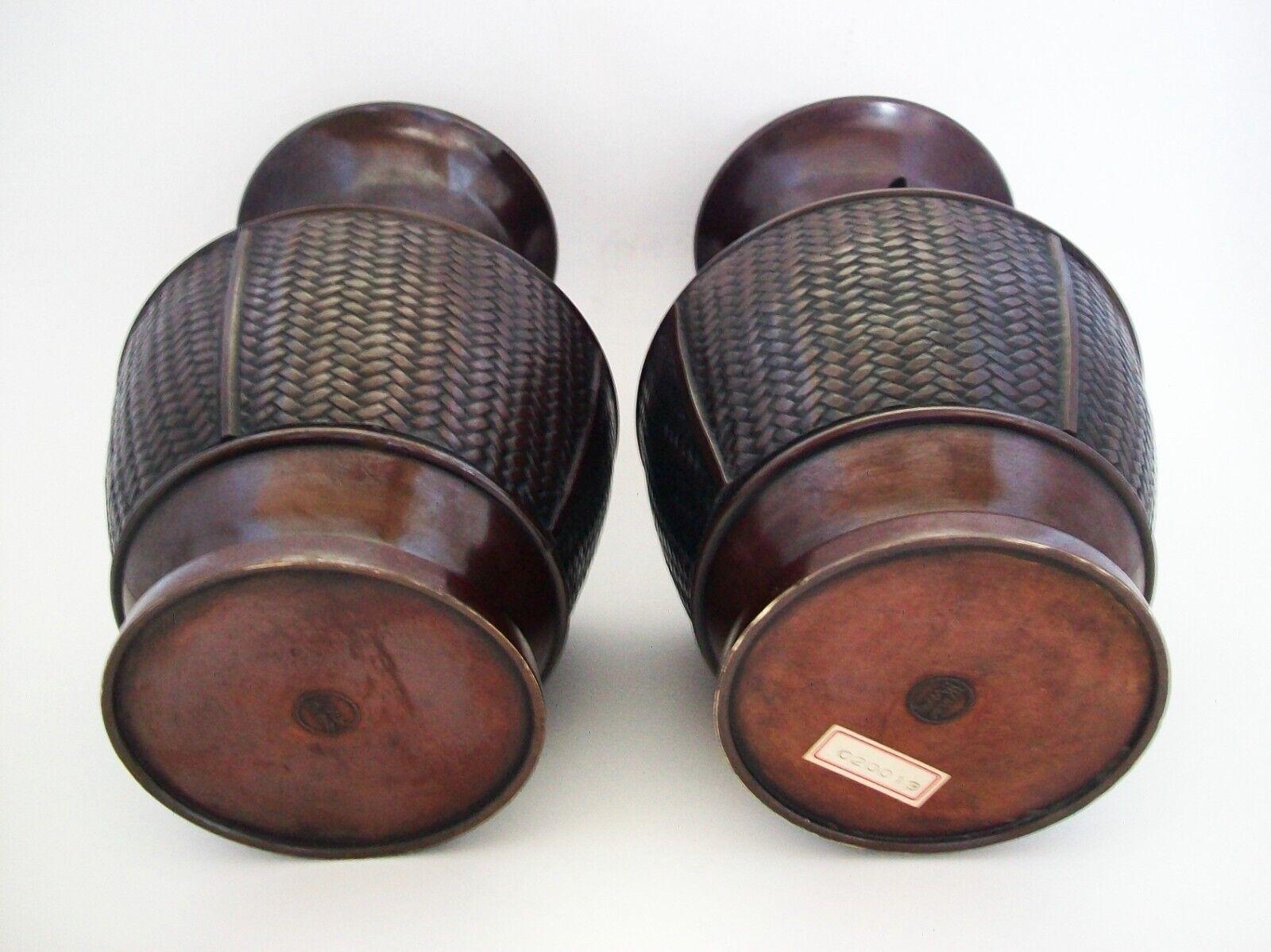 Pair Basket Weave Bronze Vases with Applied Bamboo Branch, Japan, 20th Century For Sale 5