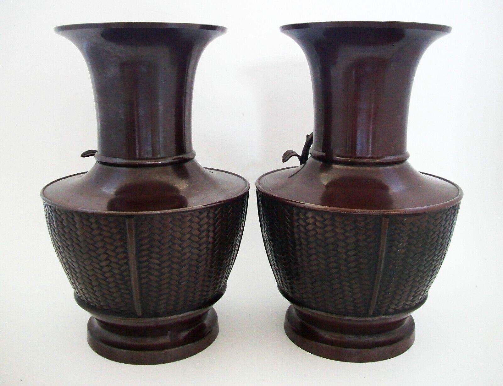 Hand-Crafted Pair Basket Weave Bronze Vases with Applied Bamboo Branch, Japan, 20th Century For Sale