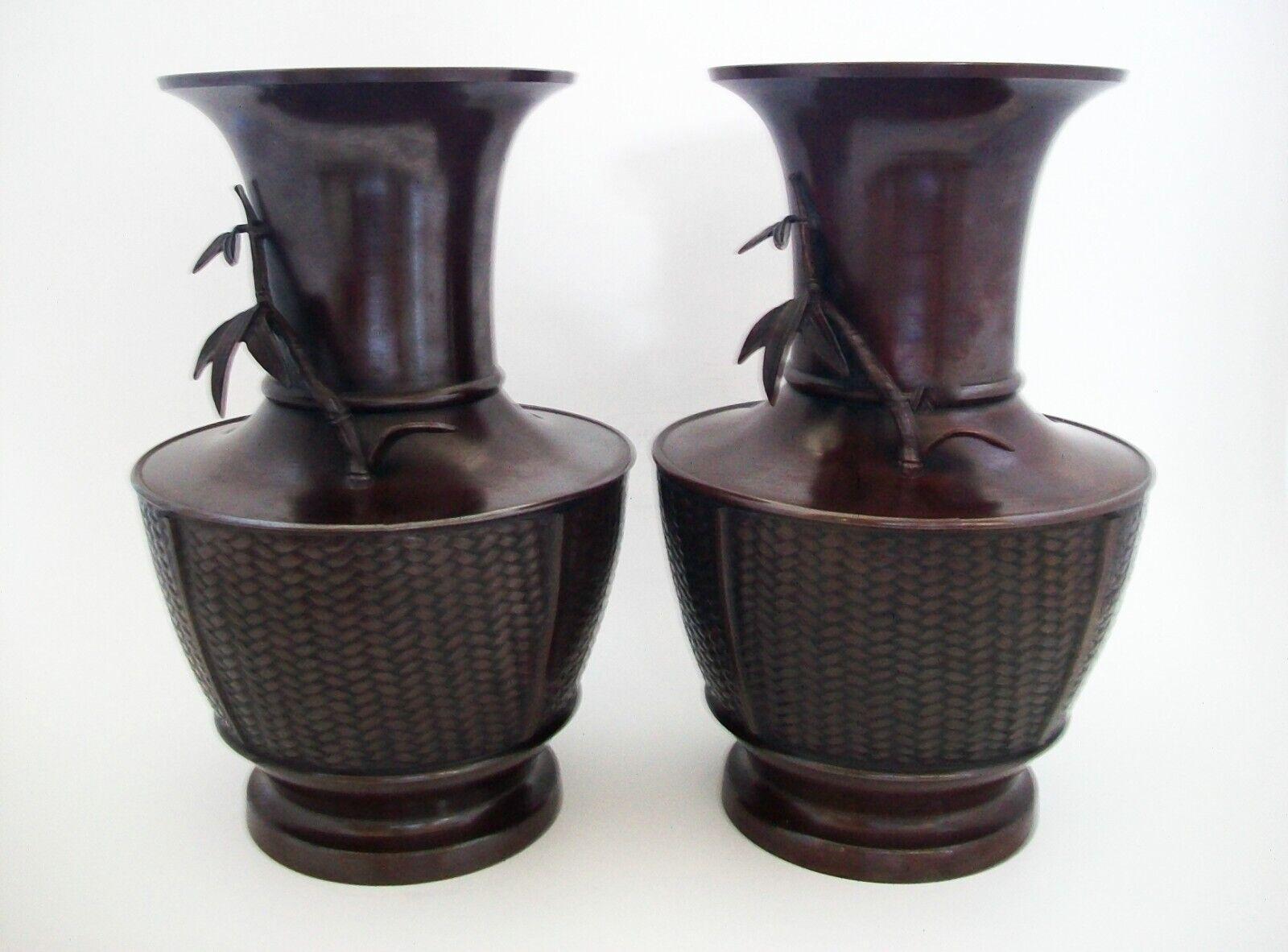 Pair Basket Weave Bronze Vases with Applied Bamboo Branch, Japan, 20th Century For Sale 2
