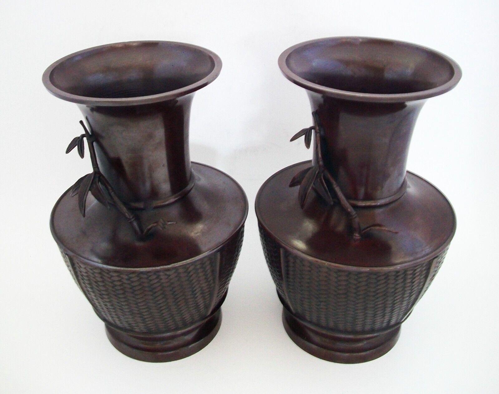 Pair Basket Weave Bronze Vases with Applied Bamboo Branch, Japan, 20th Century For Sale 3