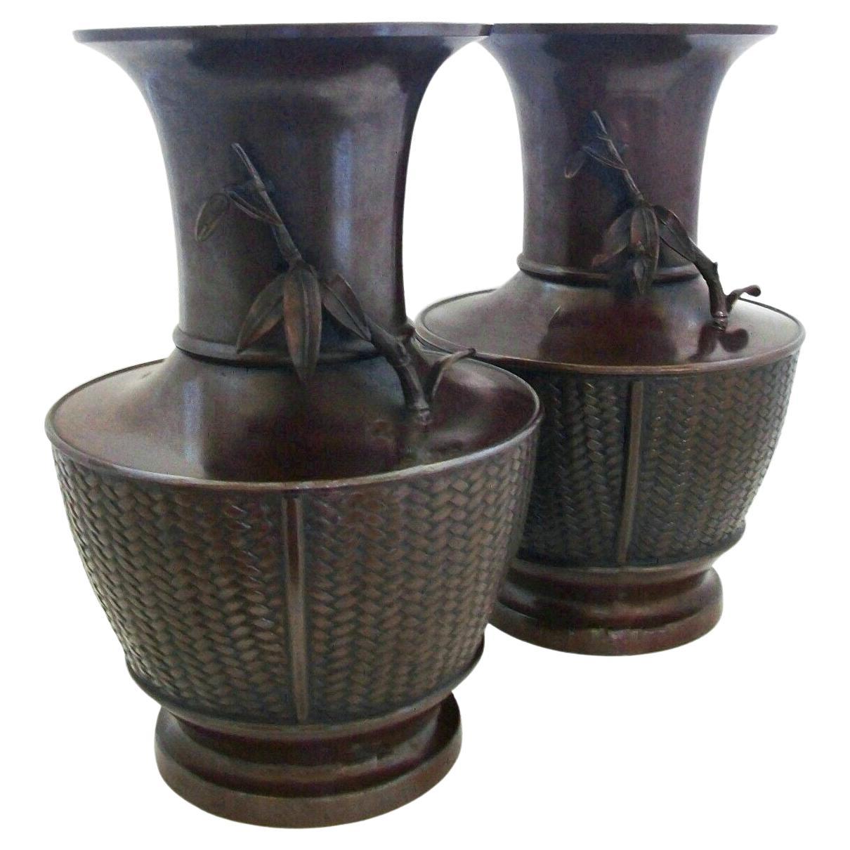 Pair Basket Weave Bronze Vases with Applied Bamboo Branch, Japan, 20th Century
