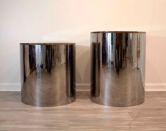 Pair Baughman Chrome & Marble Drum Side & End Pedestal Tables