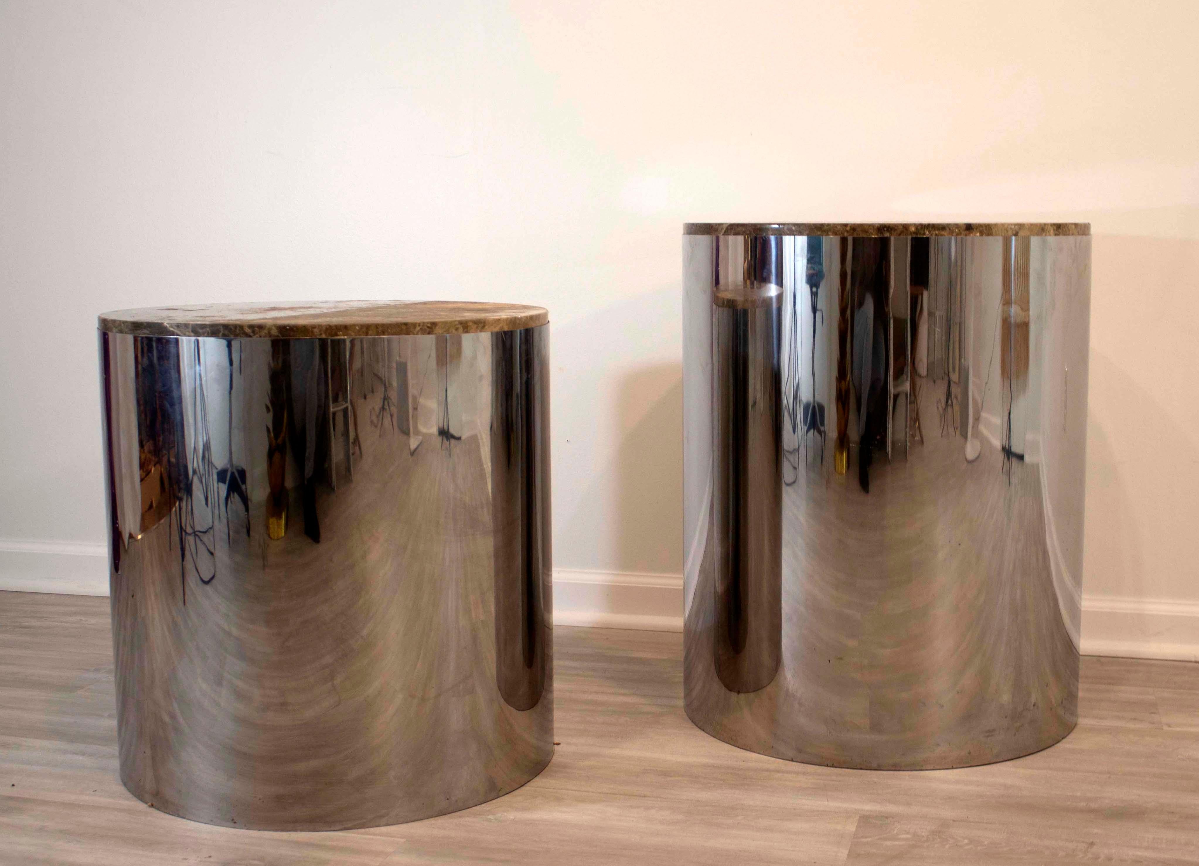 Mid-Century Modern Pair Baughman Chrome & Marble Drum Side & End Pedestal Tables