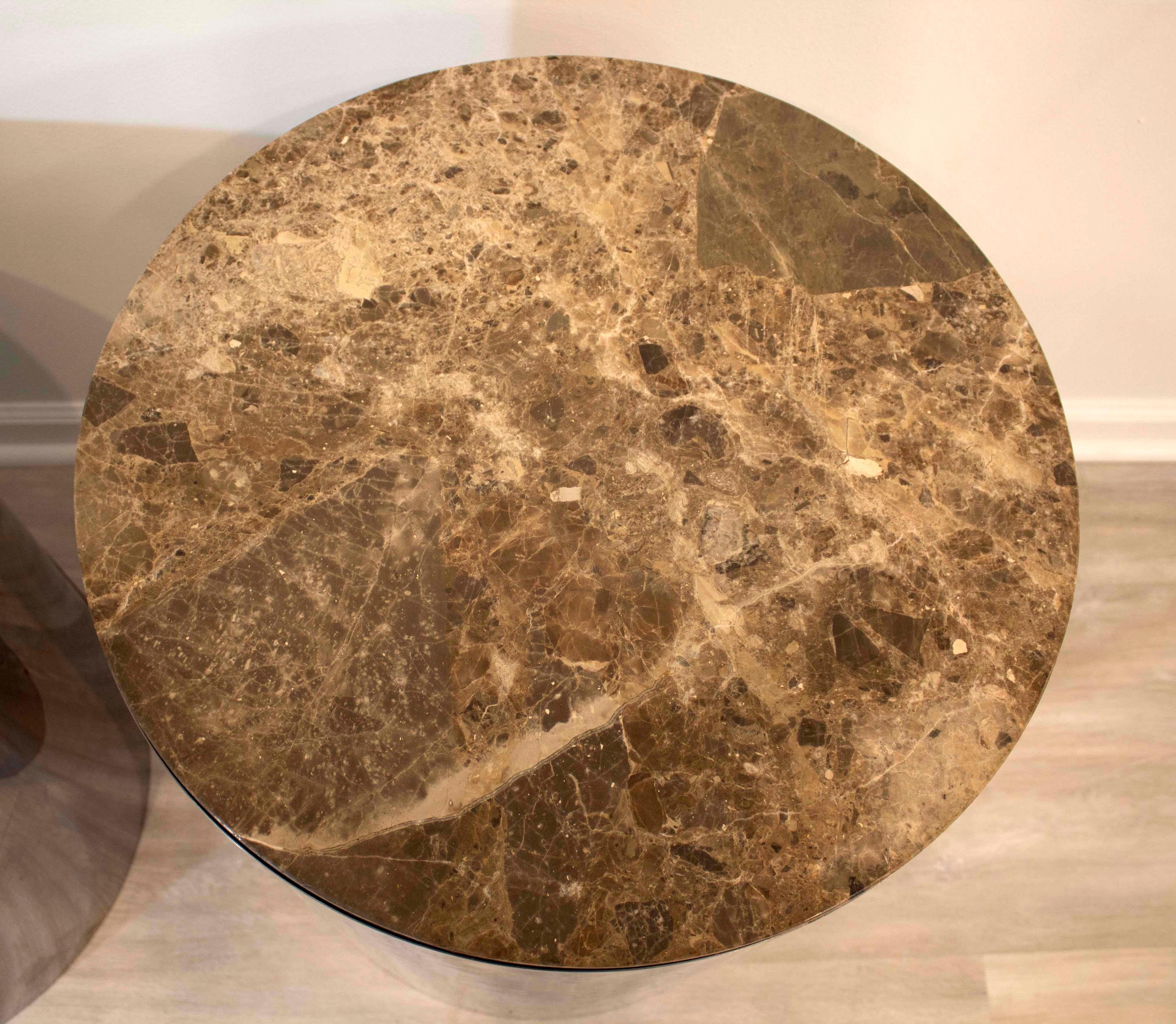 20th Century Pair Baughman Chrome & Marble Drum Side & End Pedestal Tables