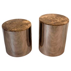 Pair Baughman Chrome & Marble Drum Side & End Pedestal Tables
