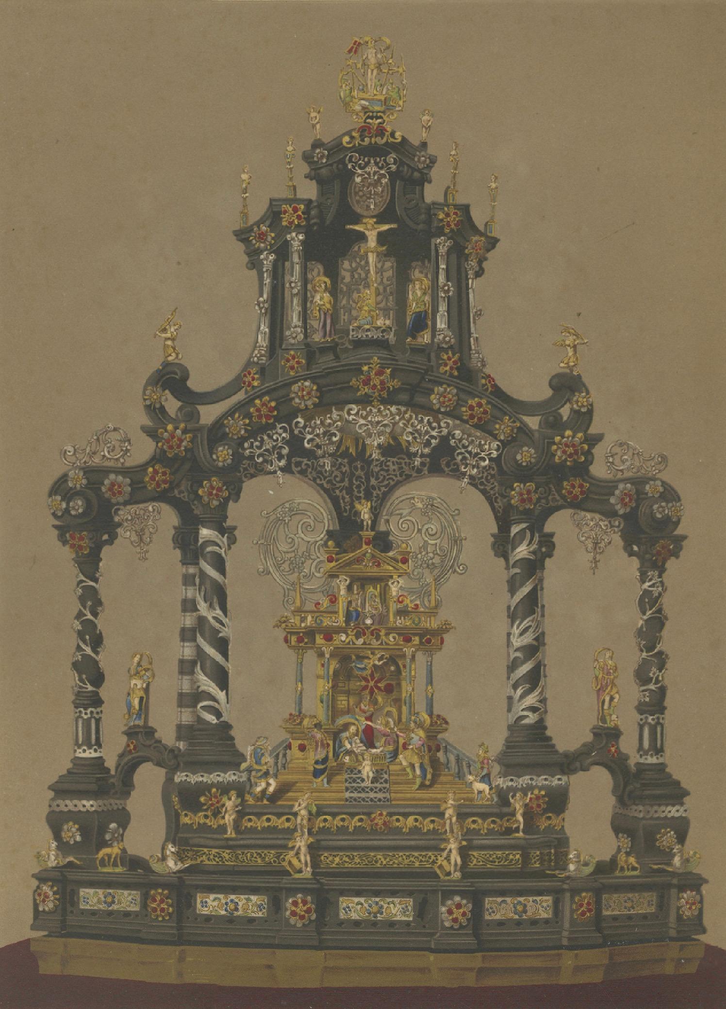 Pair Bavarian Royal Chapel Altar Shrines Chromolithographs, Munich, 1874