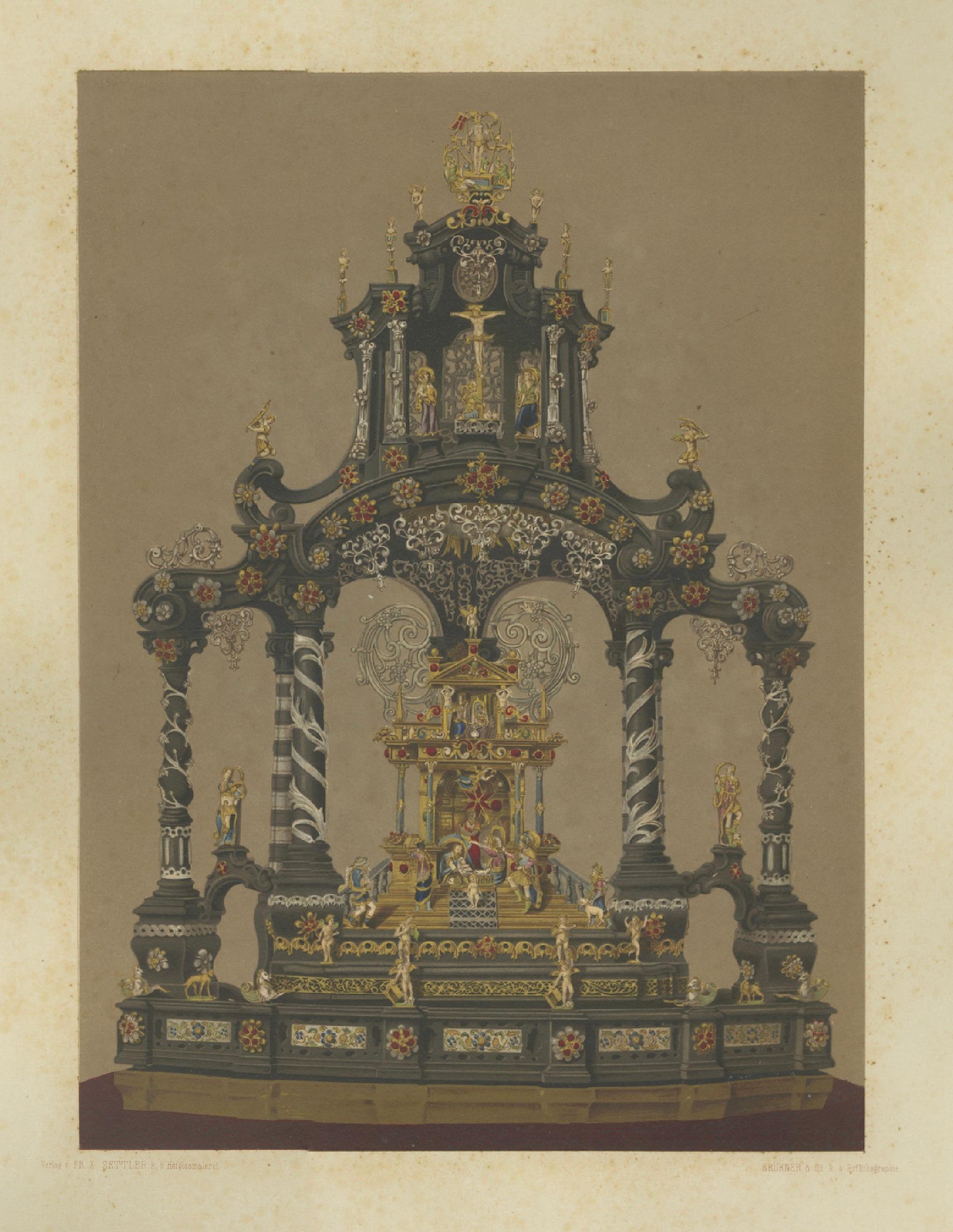 Pair Bavarian Royal Chapel Altar Shrines Chromolithographs, Munich, 1874