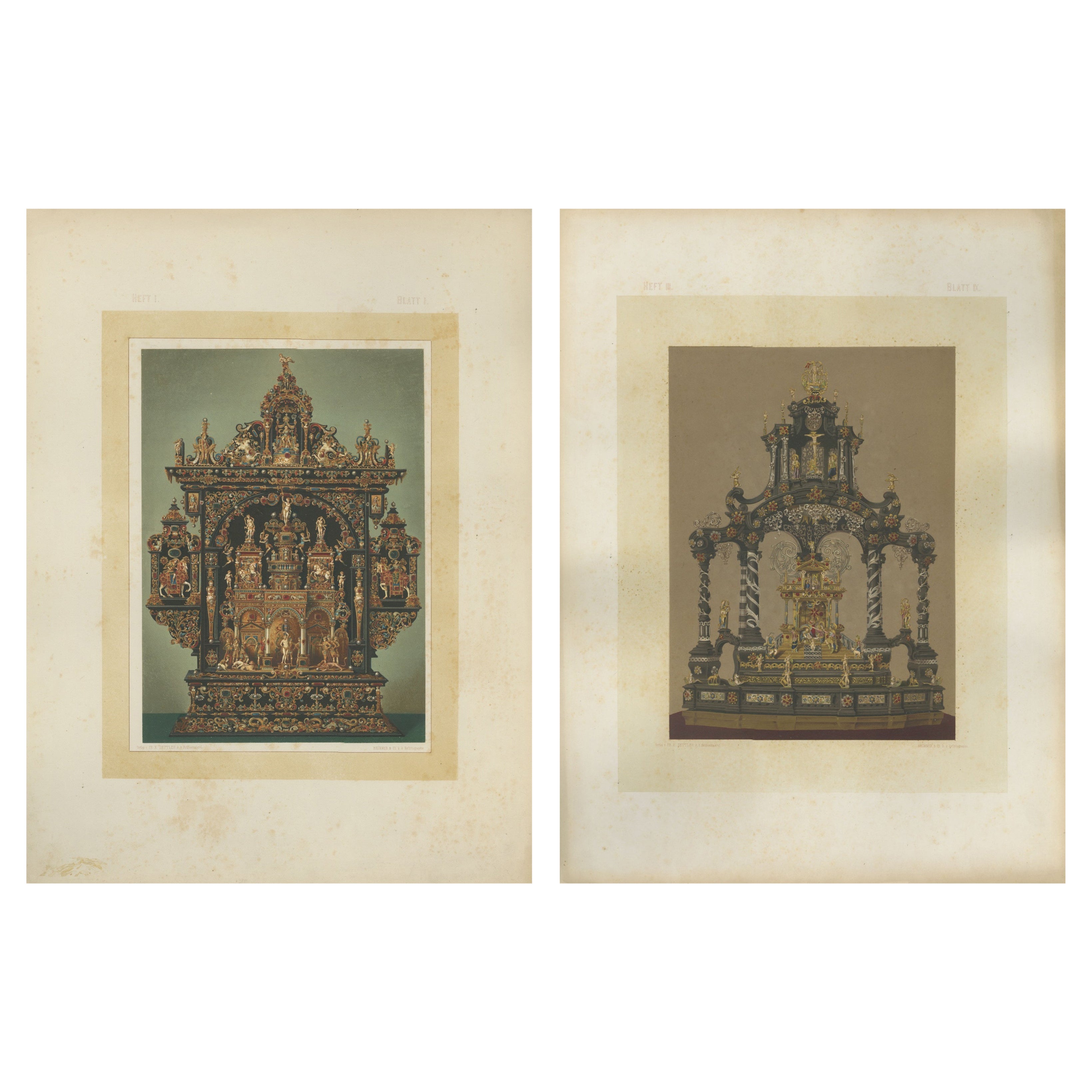 Pair Bavarian Royal Chapel Altar Shrines Chromolithographs, Munich, 1874 For Sale