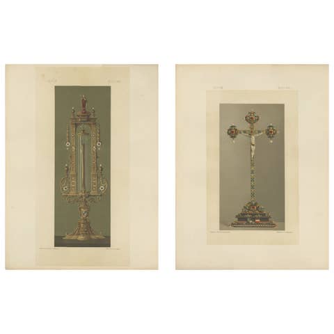 Pair Bavarian Royal Chapel Liturgical Objects Chromolithographs, Munich 1874