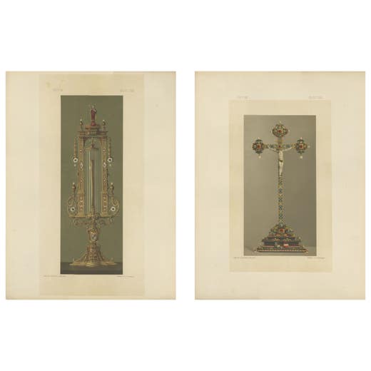 Pair Bavarian Royal Chapel Liturgical Objects Chromolithographs, Munich 1874