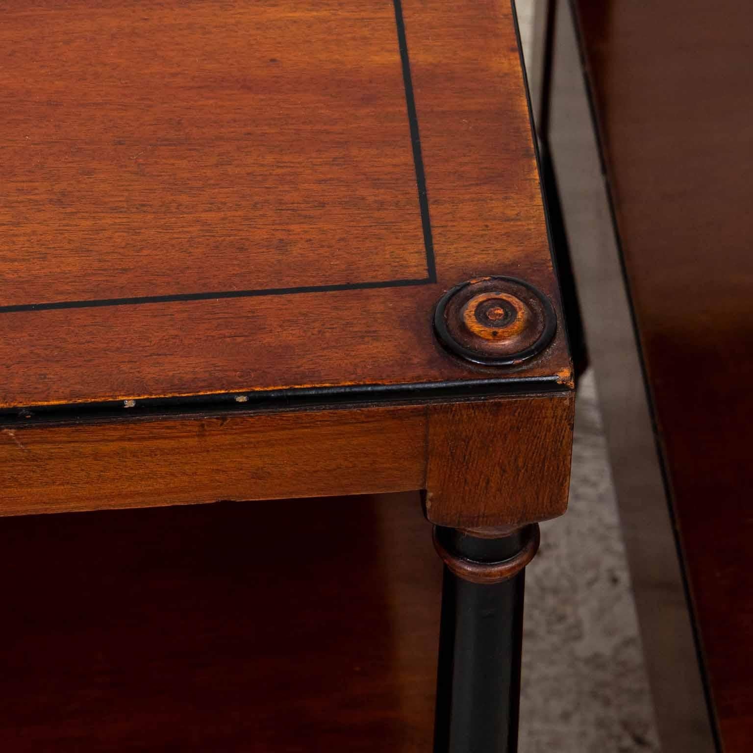 Pair Beacon Hill English Regency Style End Tables with single drawer in each and brass hardware. Solid, sturdy condition. Some wear to finish from age and use