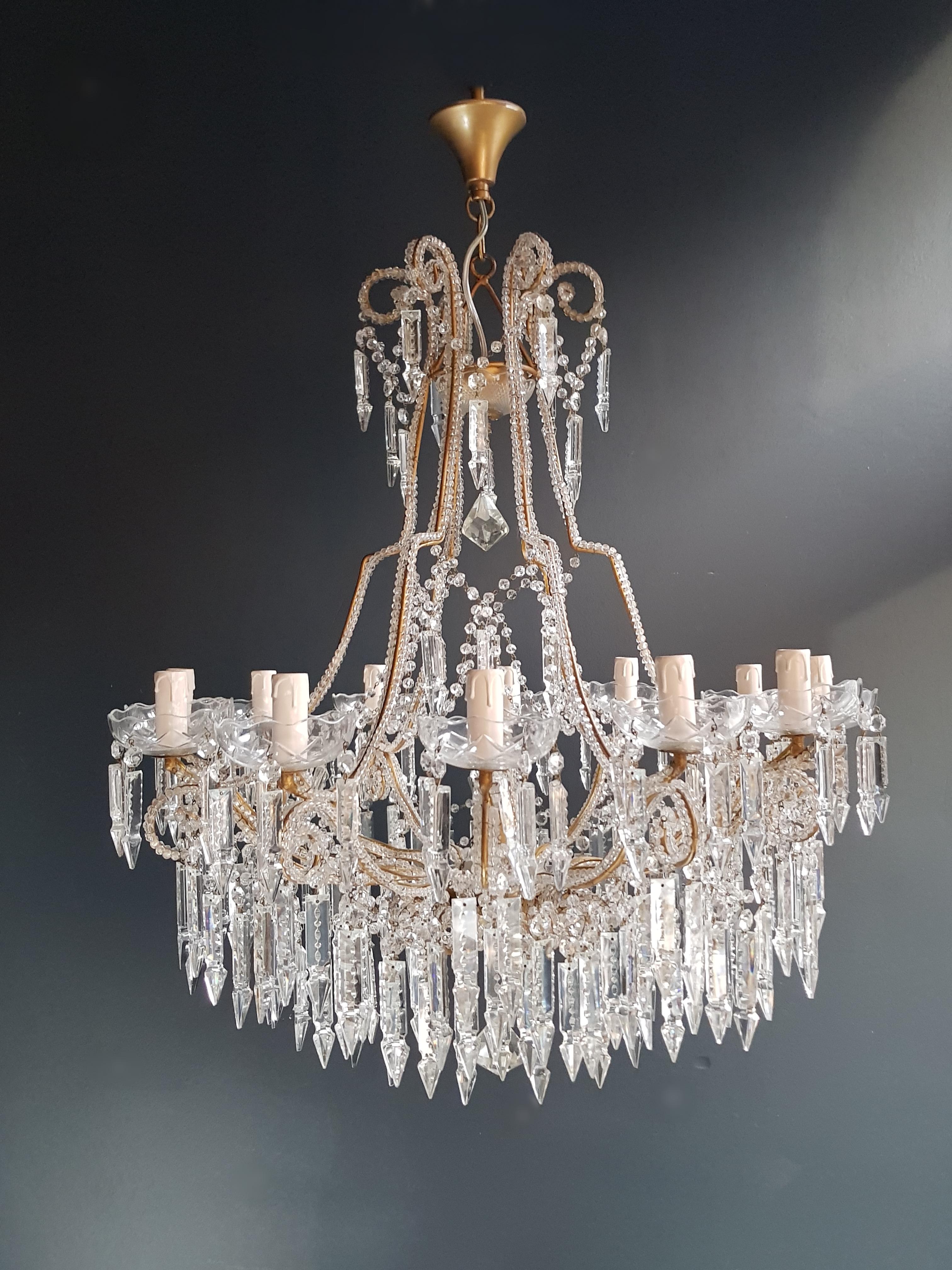 Beaded Crystal Chandelier Antique Ceiling Lamp Lustre Art Nouveau 2 Pieces, Pair 1