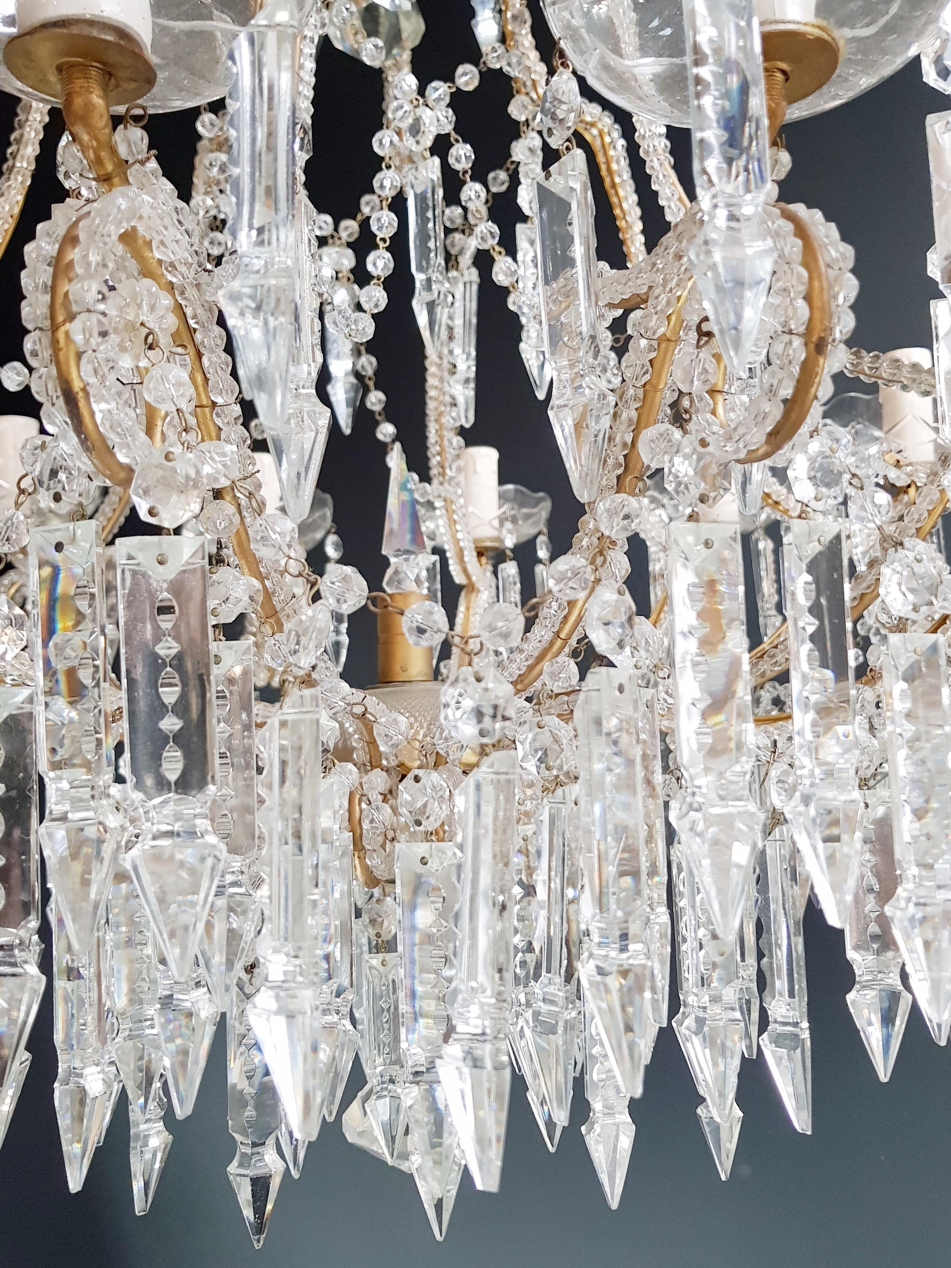 Beaded Crystal Chandelier Antique Ceiling Lamp Lustre Art Nouveau 2 Pieces, Pair 3