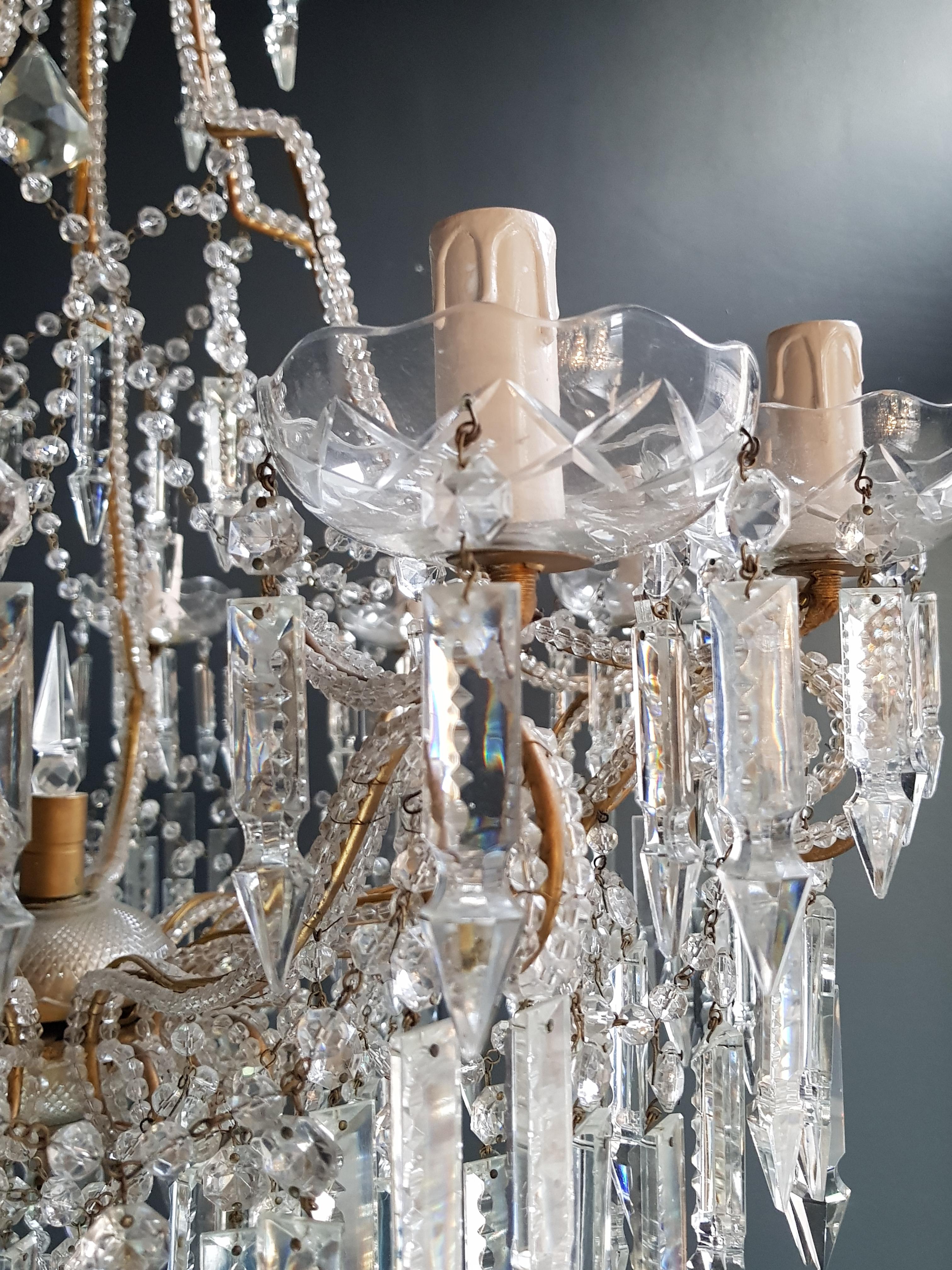 Italian Beaded Crystal Chandelier Antique Ceiling Lamp Lustre Art Nouveau 2 Pieces, Pair