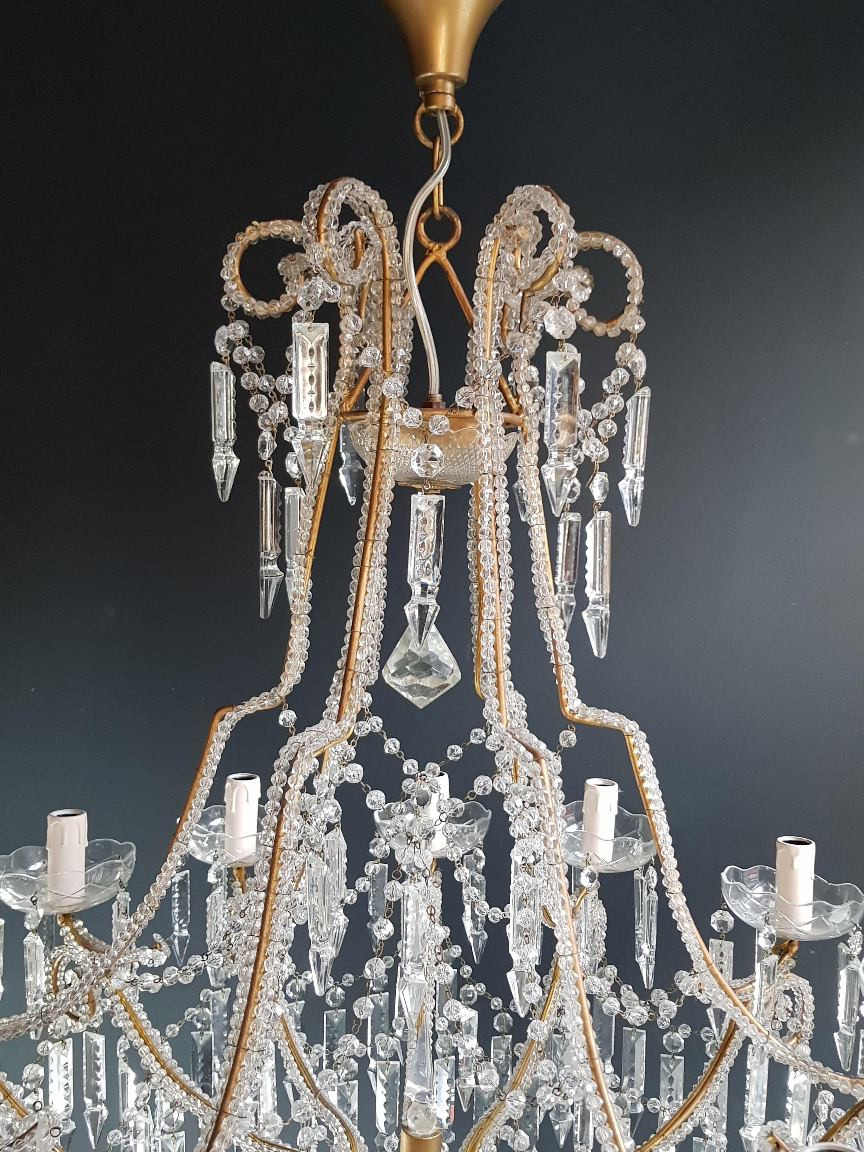 Hand-Knotted Beaded Crystal Chandelier Antique Ceiling Lamp Lustre Art Nouveau 2 Pieces, Pair