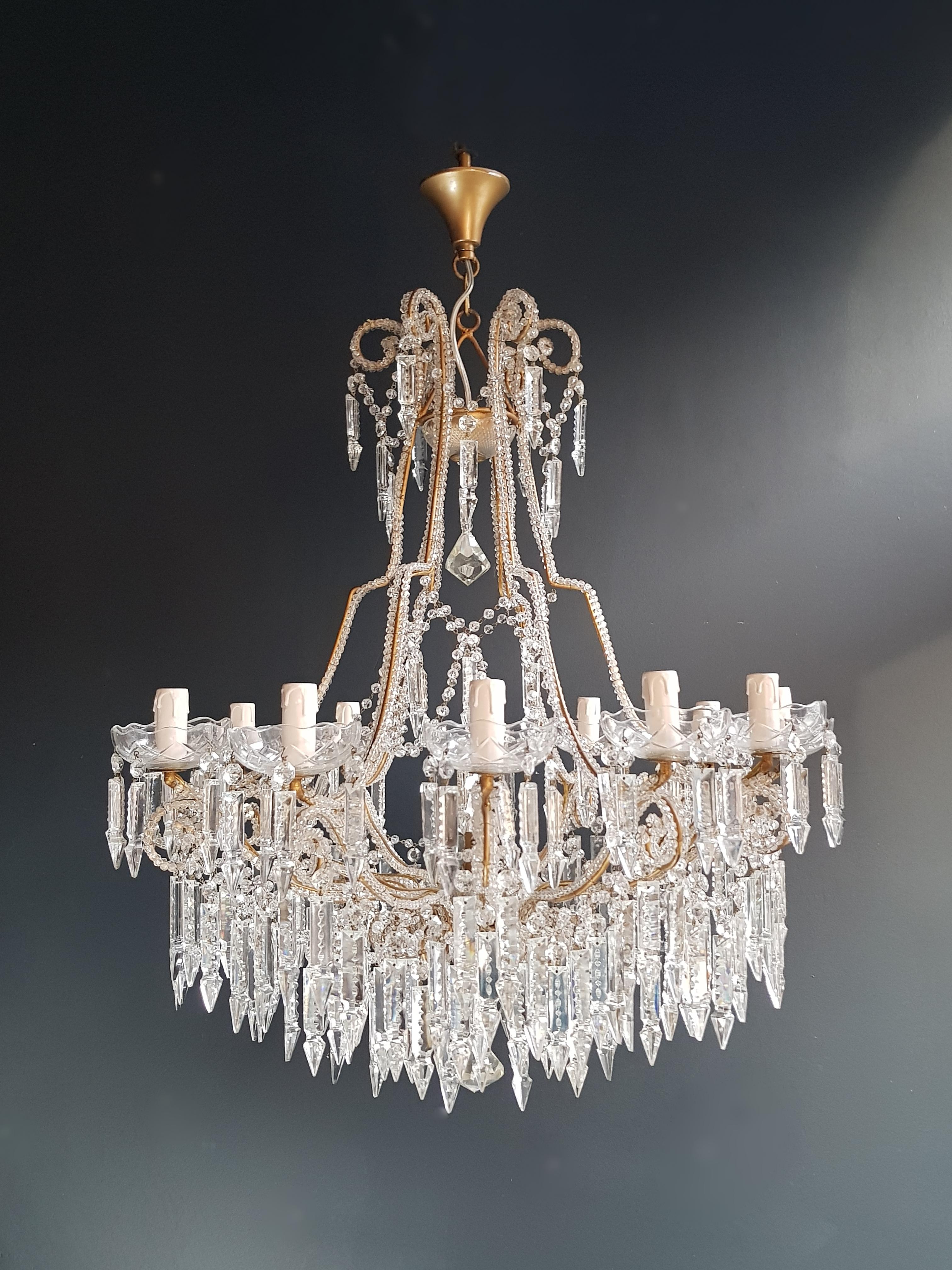Mid-20th Century Beaded Crystal Chandelier Antique Ceiling Lamp Lustre Art Nouveau 2 Pieces, Pair