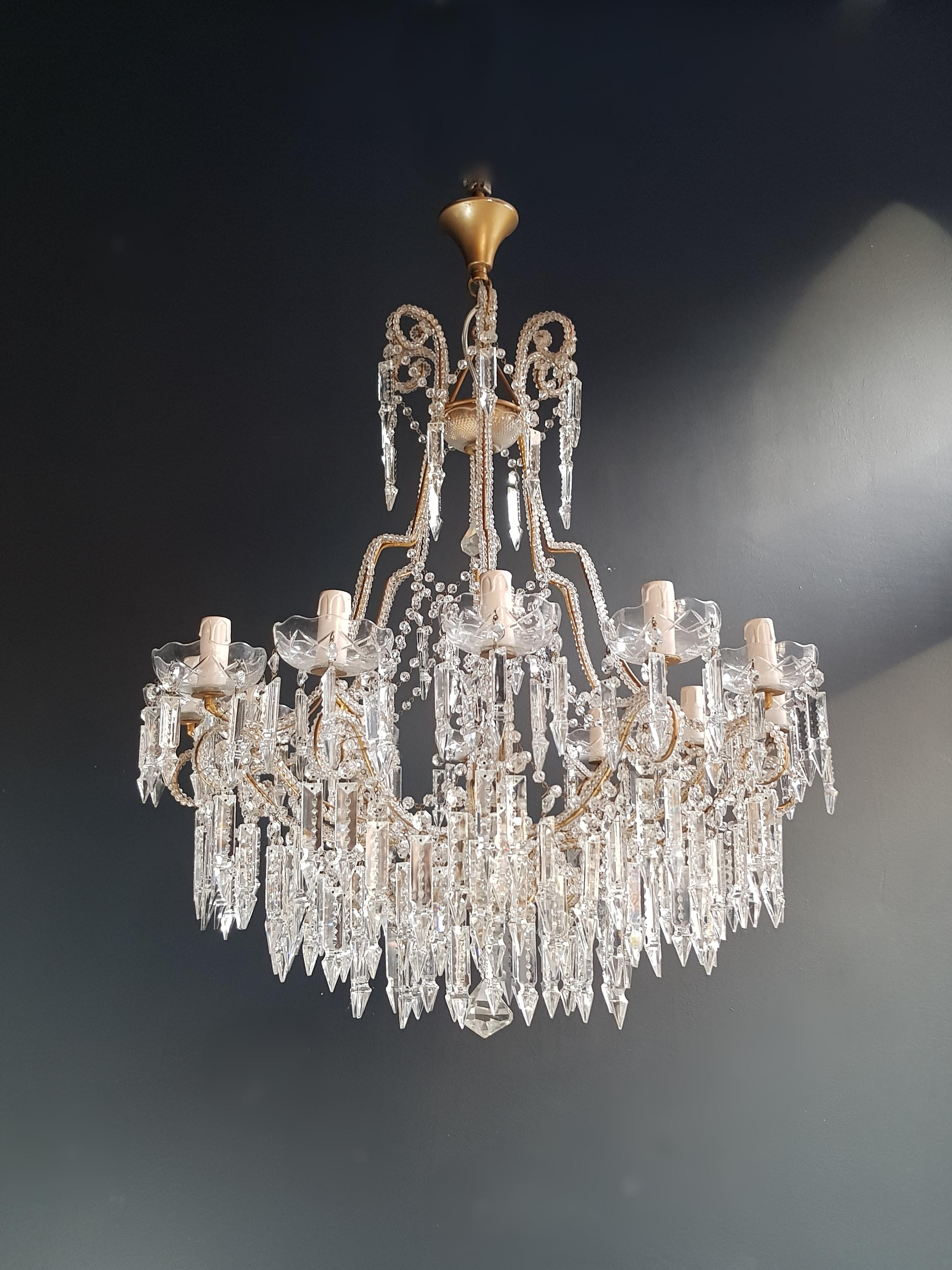 Iron Beaded Crystal Chandelier Antique Ceiling Lamp Lustre Art Nouveau 2 Pieces, Pair