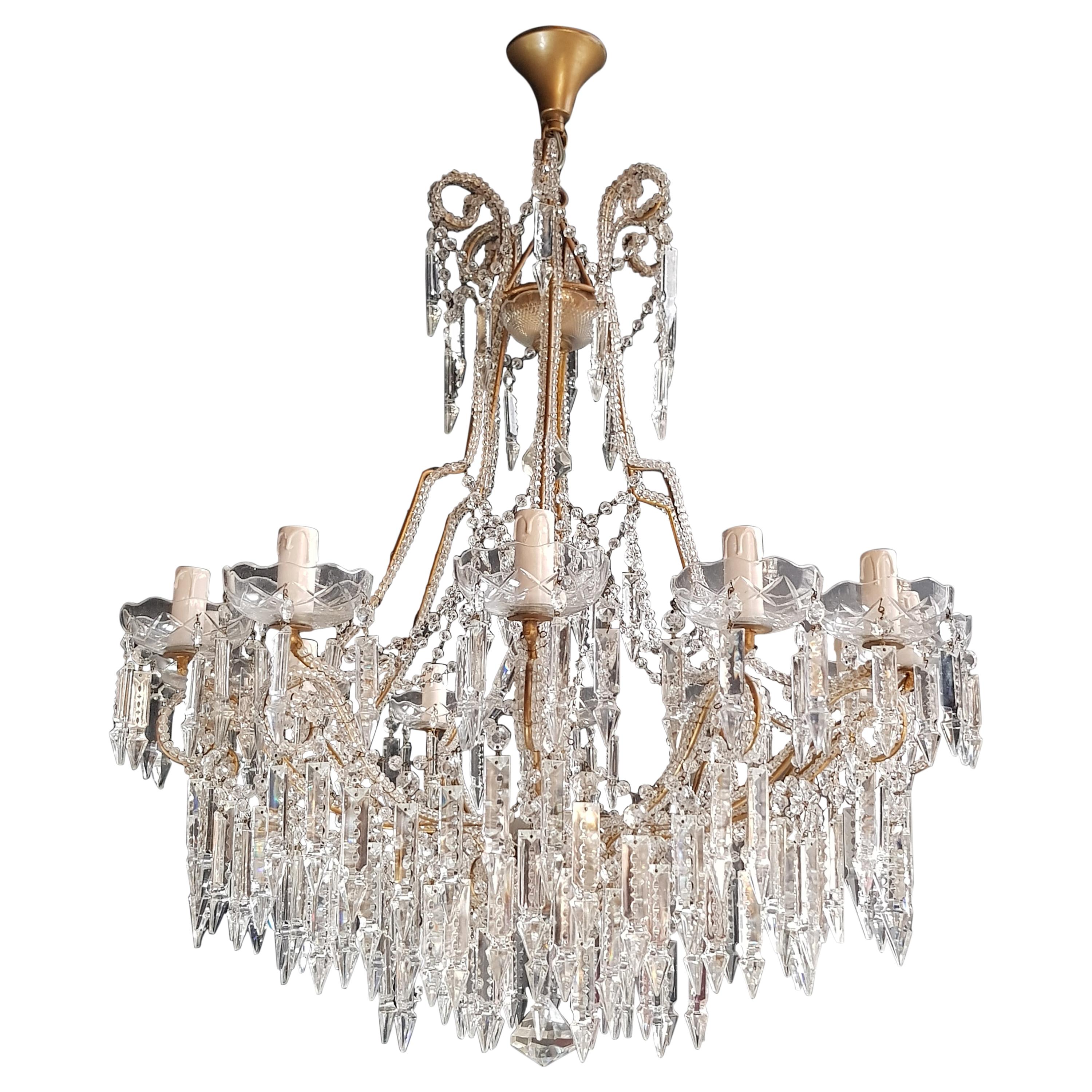 Beaded Crystal Chandelier Antique Ceiling Lamp Lustre Art Nouveau 2 Pieces, Pair