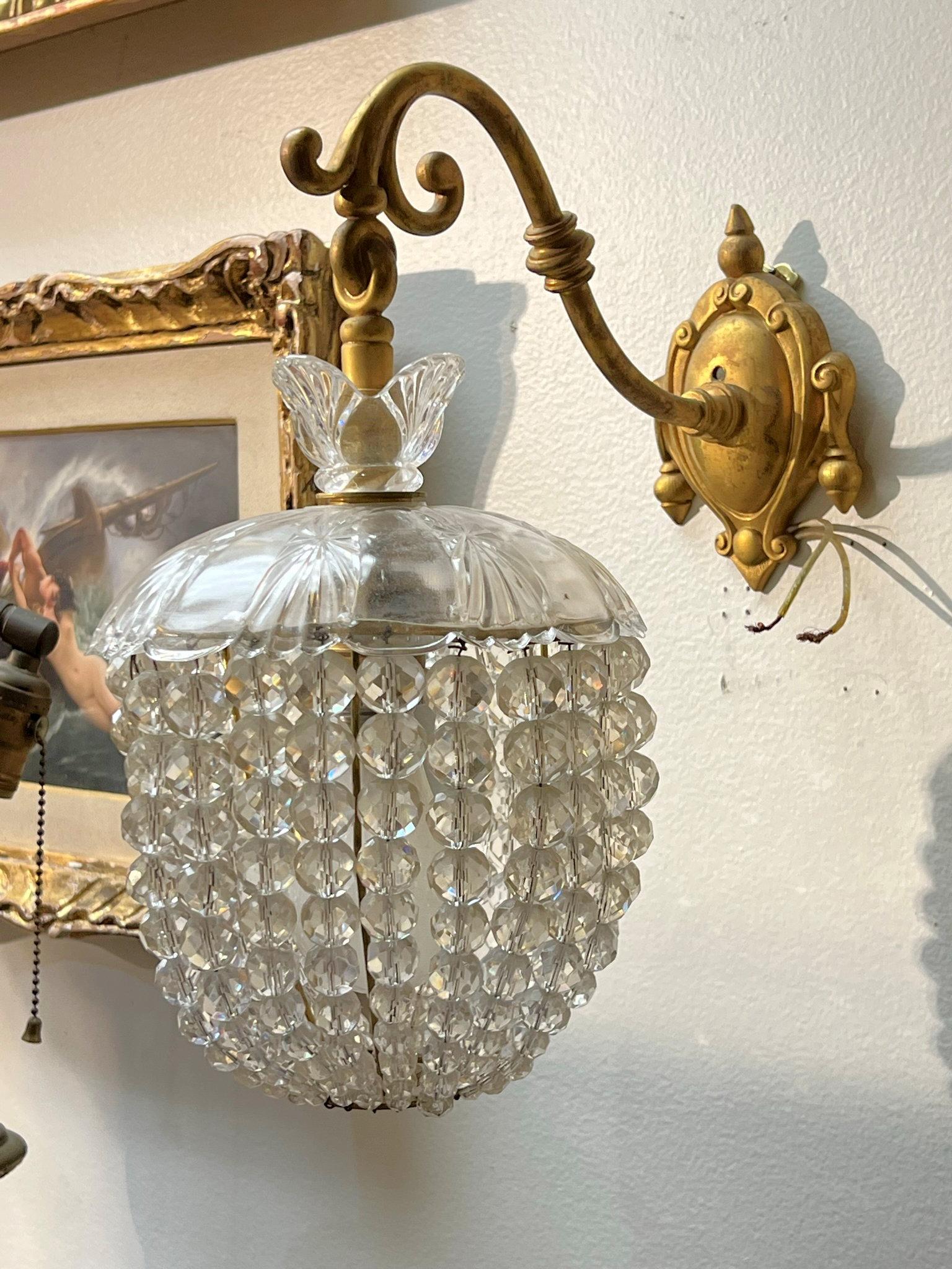 French Pair Beaded Glass and Gilt Bronze Sconces For Sale