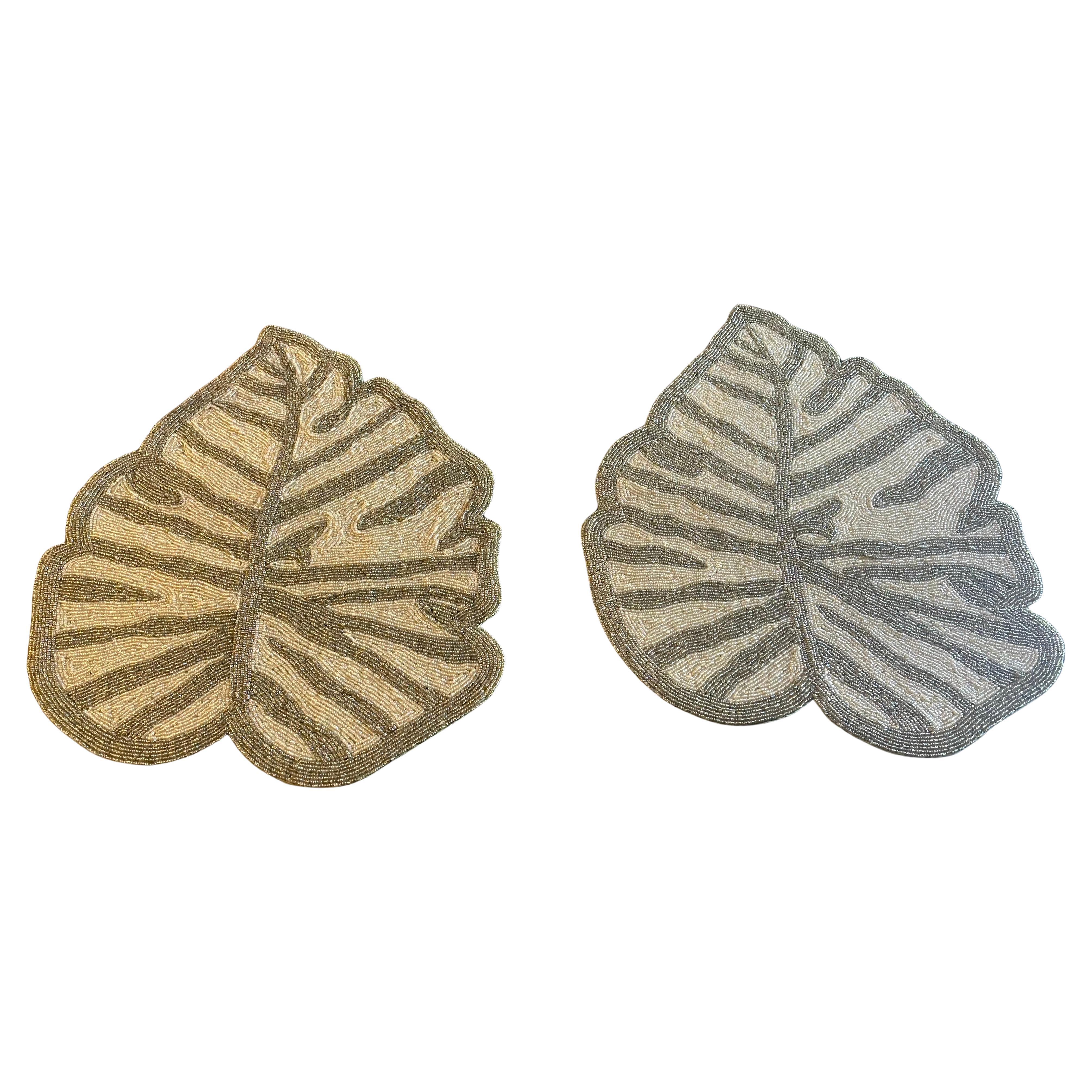 Pair Beaded Tropical Leaves Placemats Table Decor For Sale