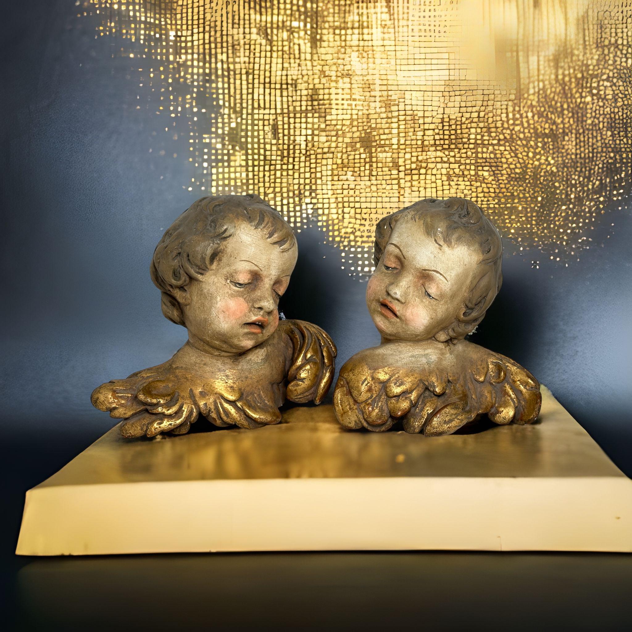 These beautiful Baroque plaster cherub angel heads are an antique from Italy. Made of plaster and hand painted, these cherub angel heads feature intricate detailing and an exquisite finish. 
These beautiful angel heads make a perfect addition to