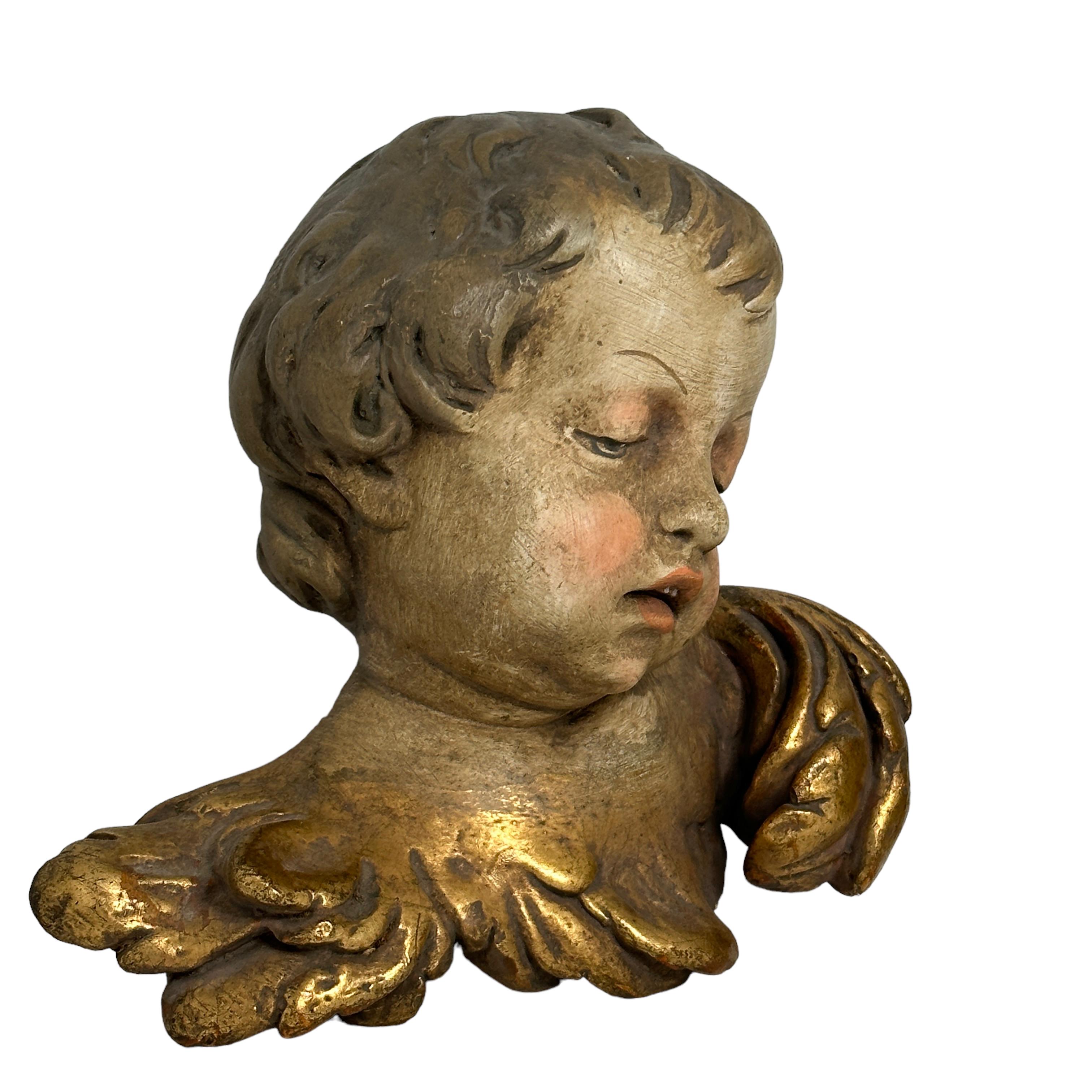 Hand-Crafted Pair Beautiful Baroque Style Stucco Plaster Cherub Angel Heads, Antique Italy For Sale