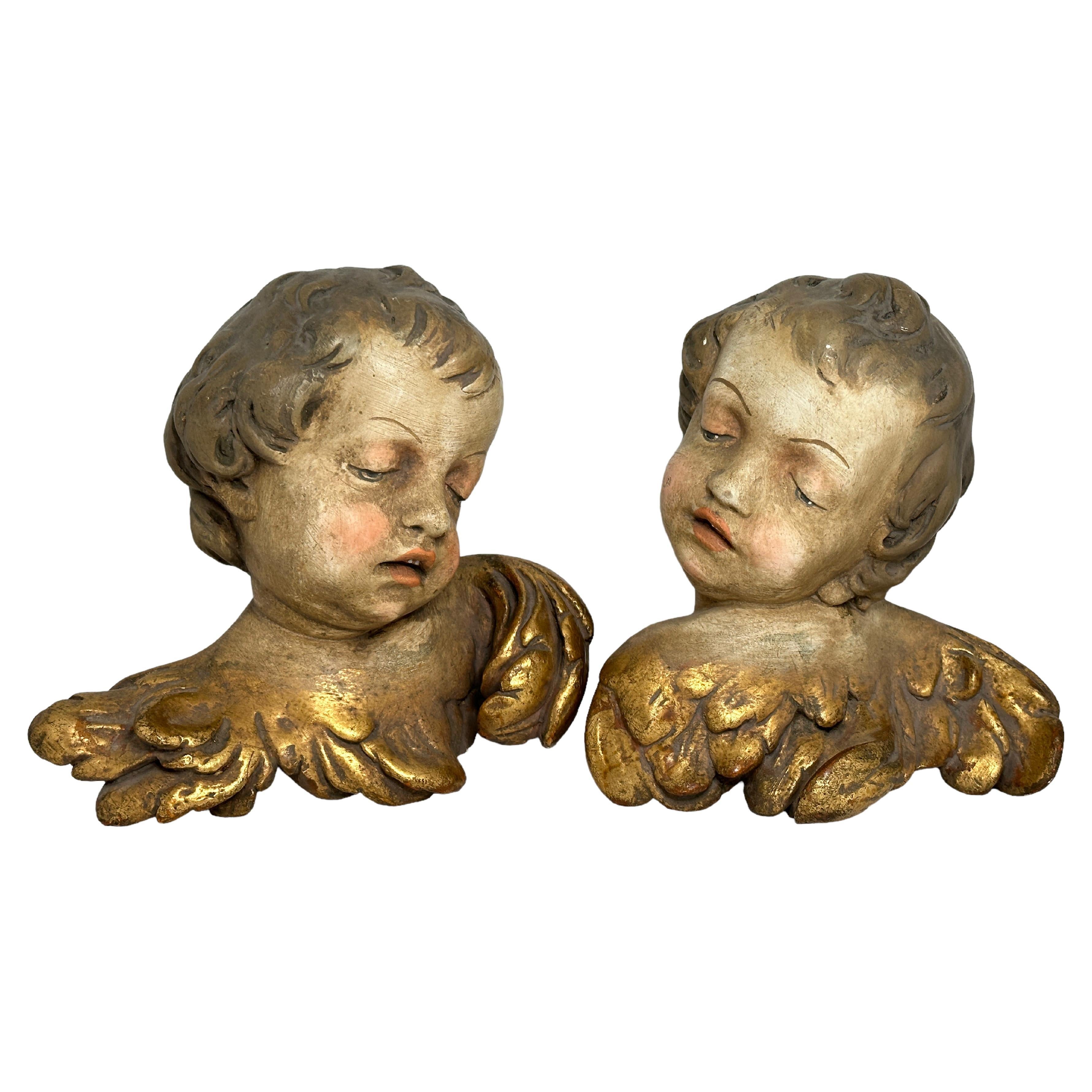 Pair Beautiful Baroque Style Stucco Plaster Cherub Angel Heads, Antique Italy