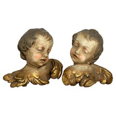 Pair Beautiful Baroque Style Stucco Plaster Cherub Angel Heads, Vintage Italy