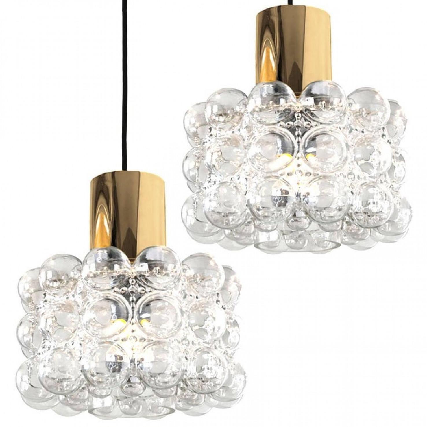 Blown Glass Pair  Beautiful Bubble Glass Pendant Lamps by Helena Tynell, 1960 For Sale
