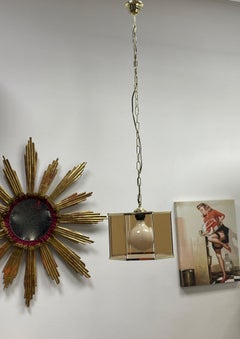 Pair Beautiful Glass Brass Kitchen Island Dinning Table Pendant Lights, 1960s