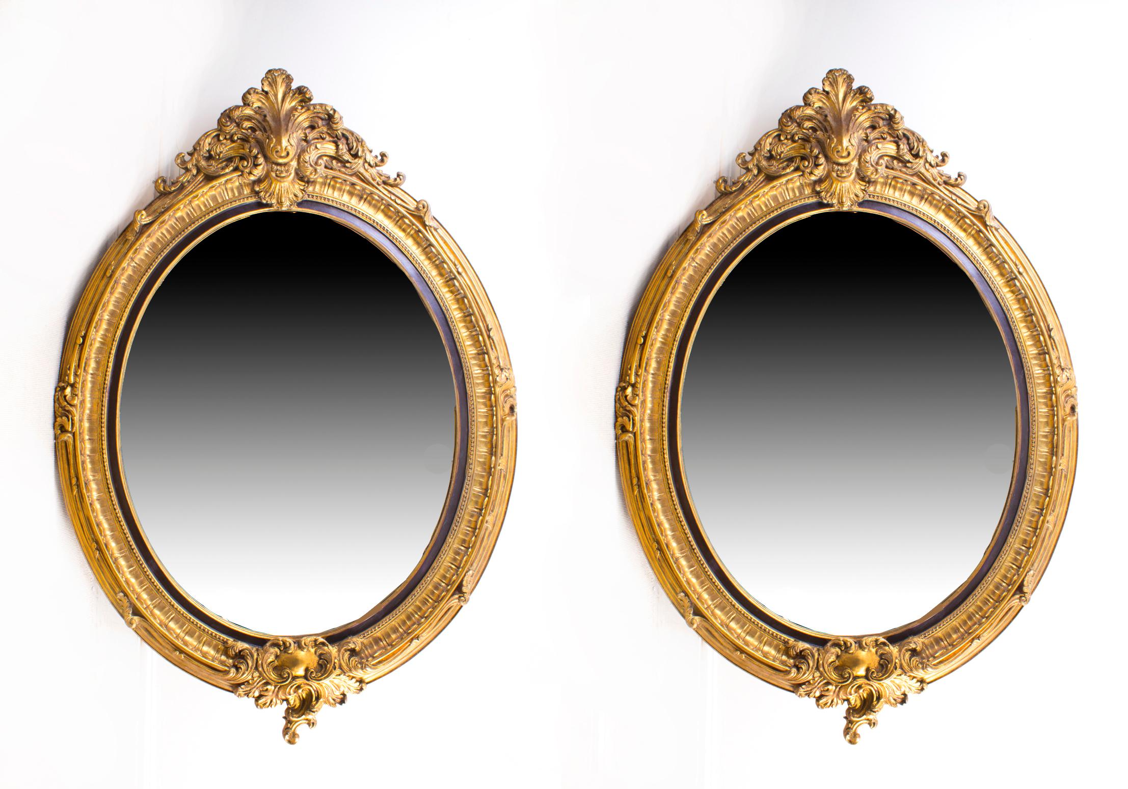 Pair of Beautiful Large Rococo Style Gilded Oval Mirrors 5