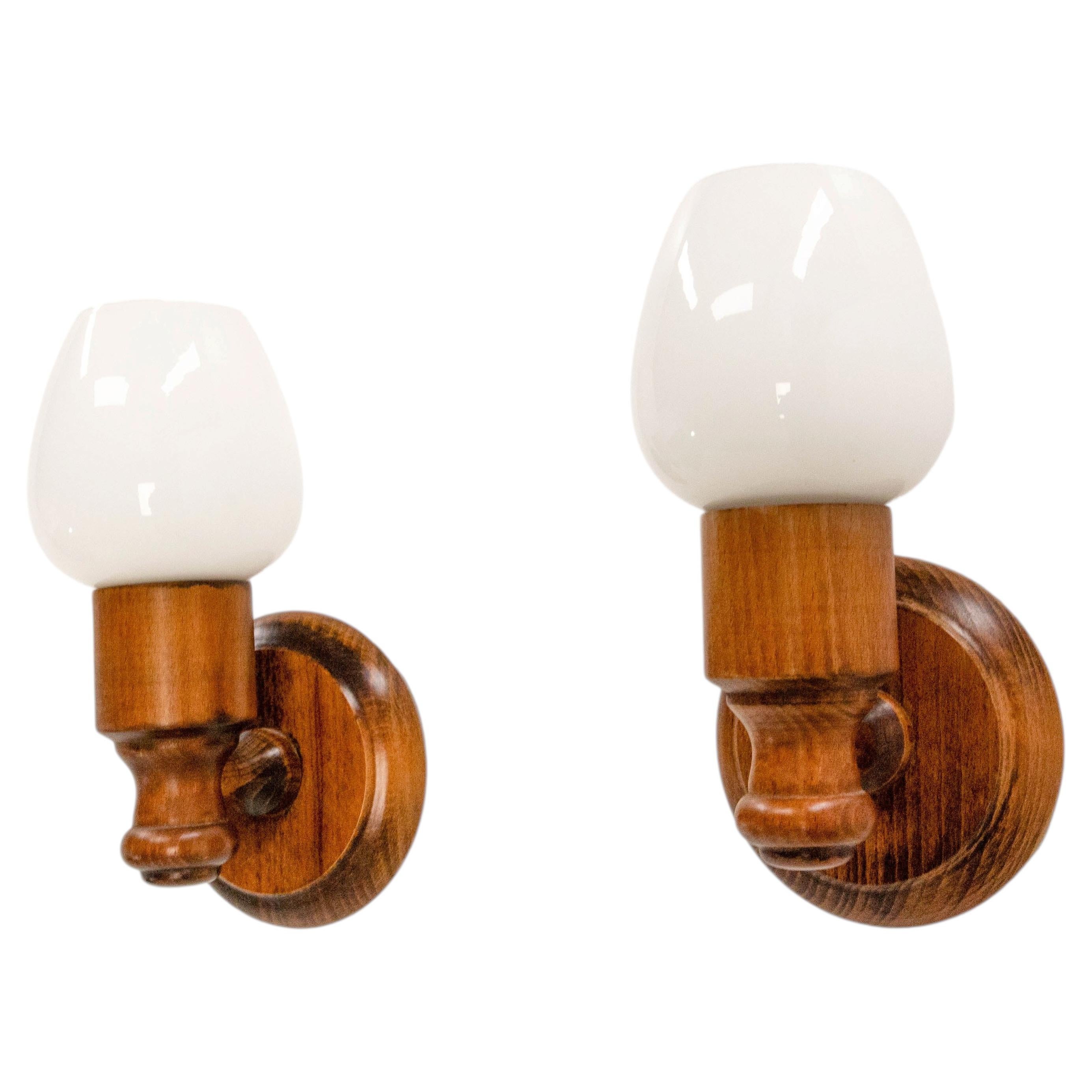 Pair Beech & Opalin Glass Sconces Wall Lights French, 1970 For Sale